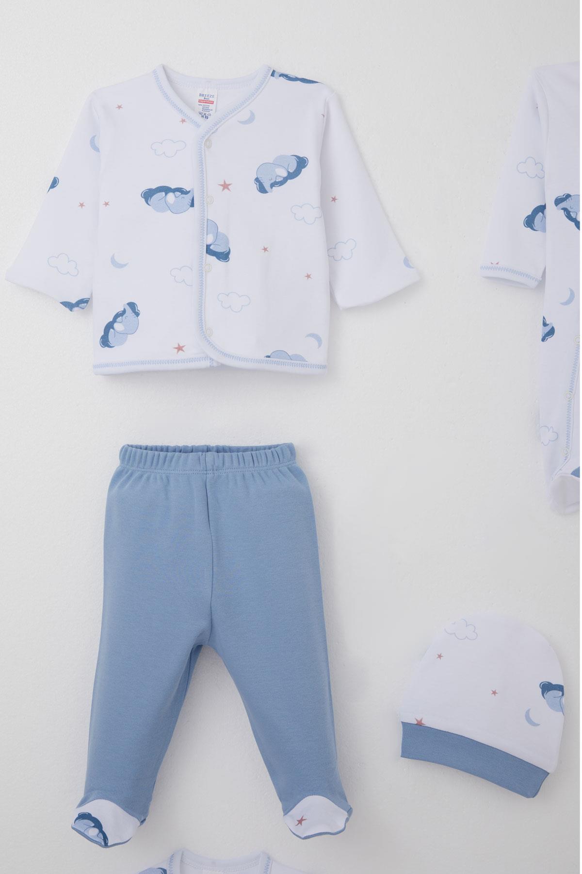 Breeze Erkek Bebek Hastane Çıkışı 8 li Gökyüzü Temalı Sevimli Uykucu Fil Desenli Beyaz (0-3 Ay)