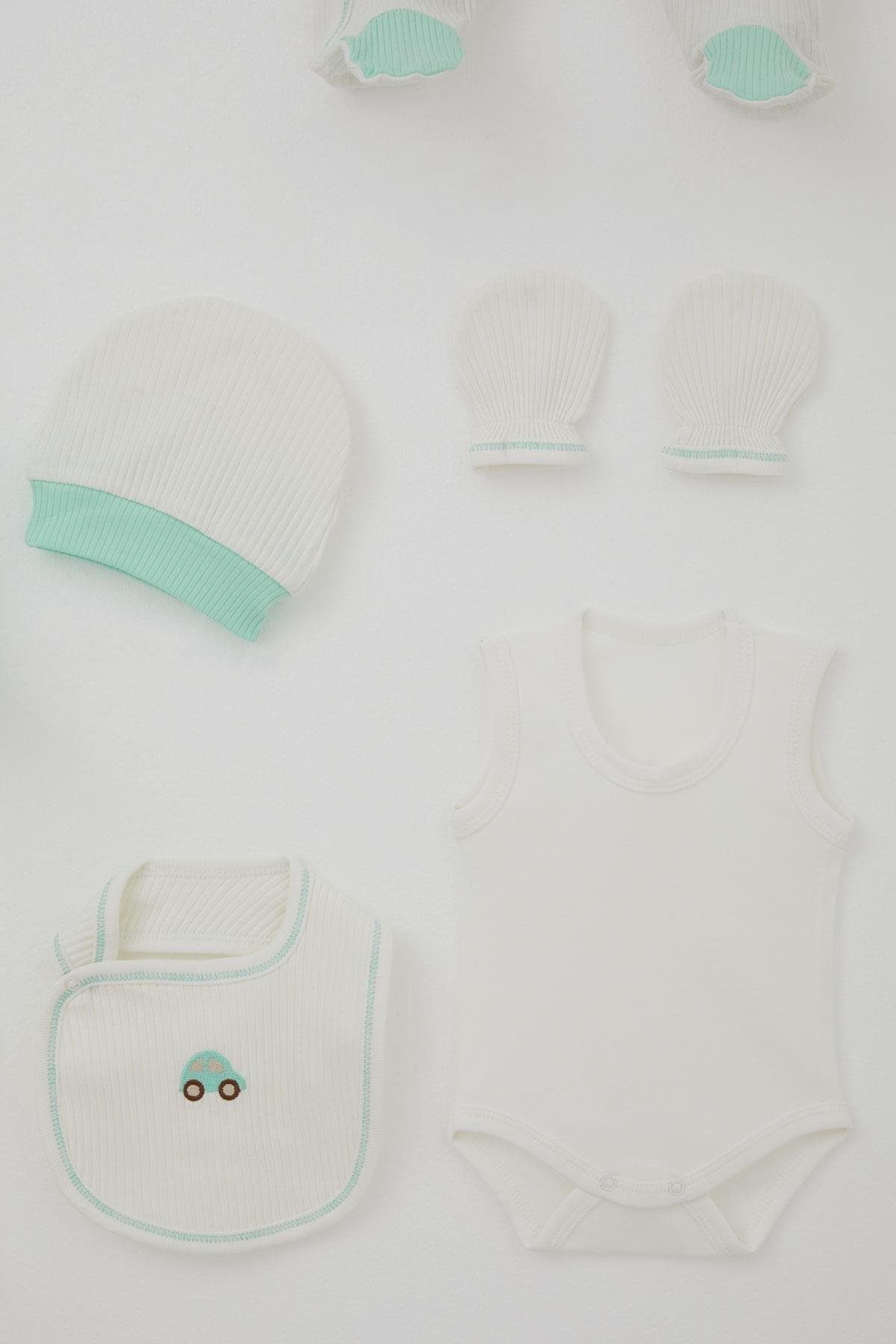 Breeze Erkek Bebek Hastane Çıkışı 8 li Renkli Araba Nakışlı Ekru (0-3 Ay)