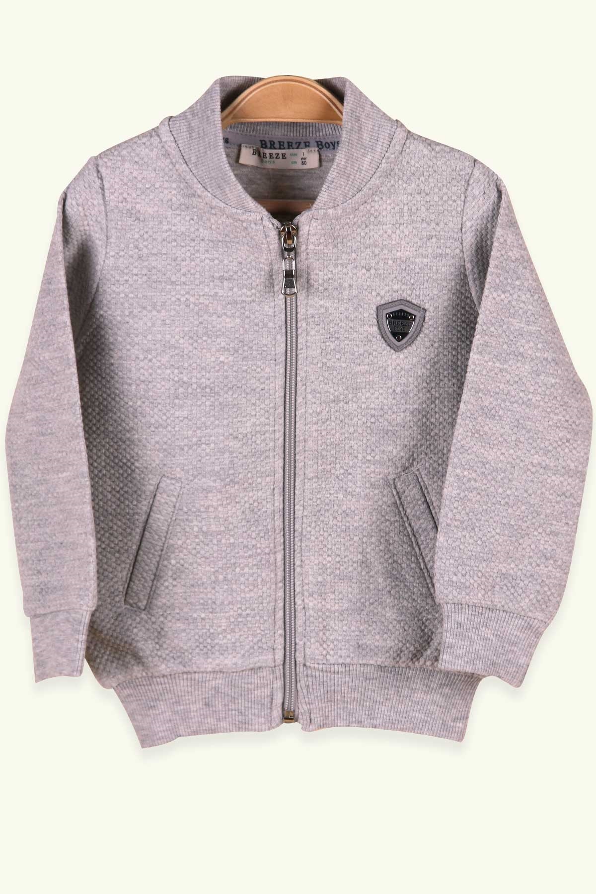Breeze Erkek Bebek Hırka Armalı Cepli Açık Gri (9 Ay-3 Yaş)