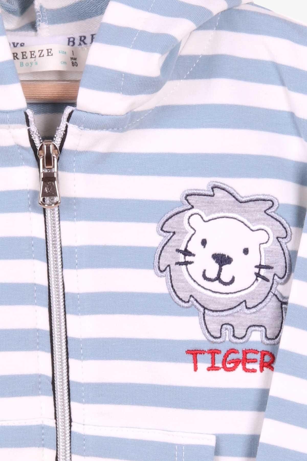 Breeze Erkek Bebek Hırka Çizgili Aslan Nakışlı Açık Mavi (9 Ay-3 Yaş)