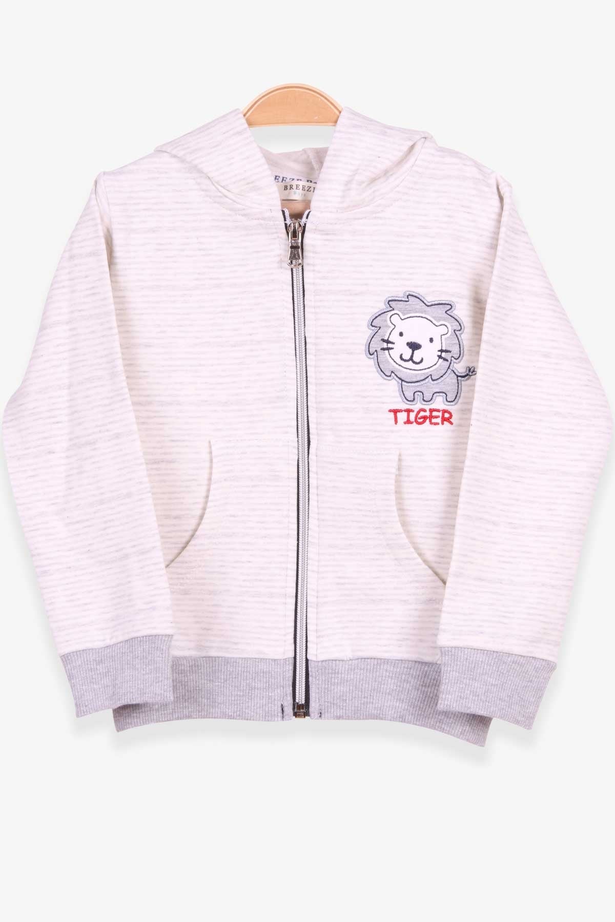 Breeze Erkek Bebek Hırka Çizgili Aslan Nakışlı Krem (9 Ay-3 Yaş)