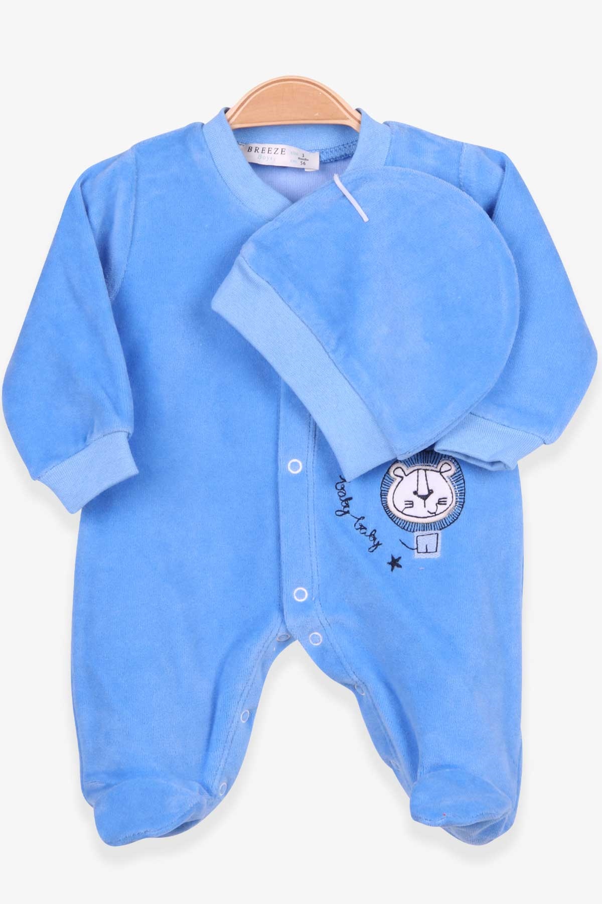 Breeze Erkek Bebek Kadife Tulum Aslan Nakışlı Şapkalı Set Mavi (0-3 Ay-6 Ay)