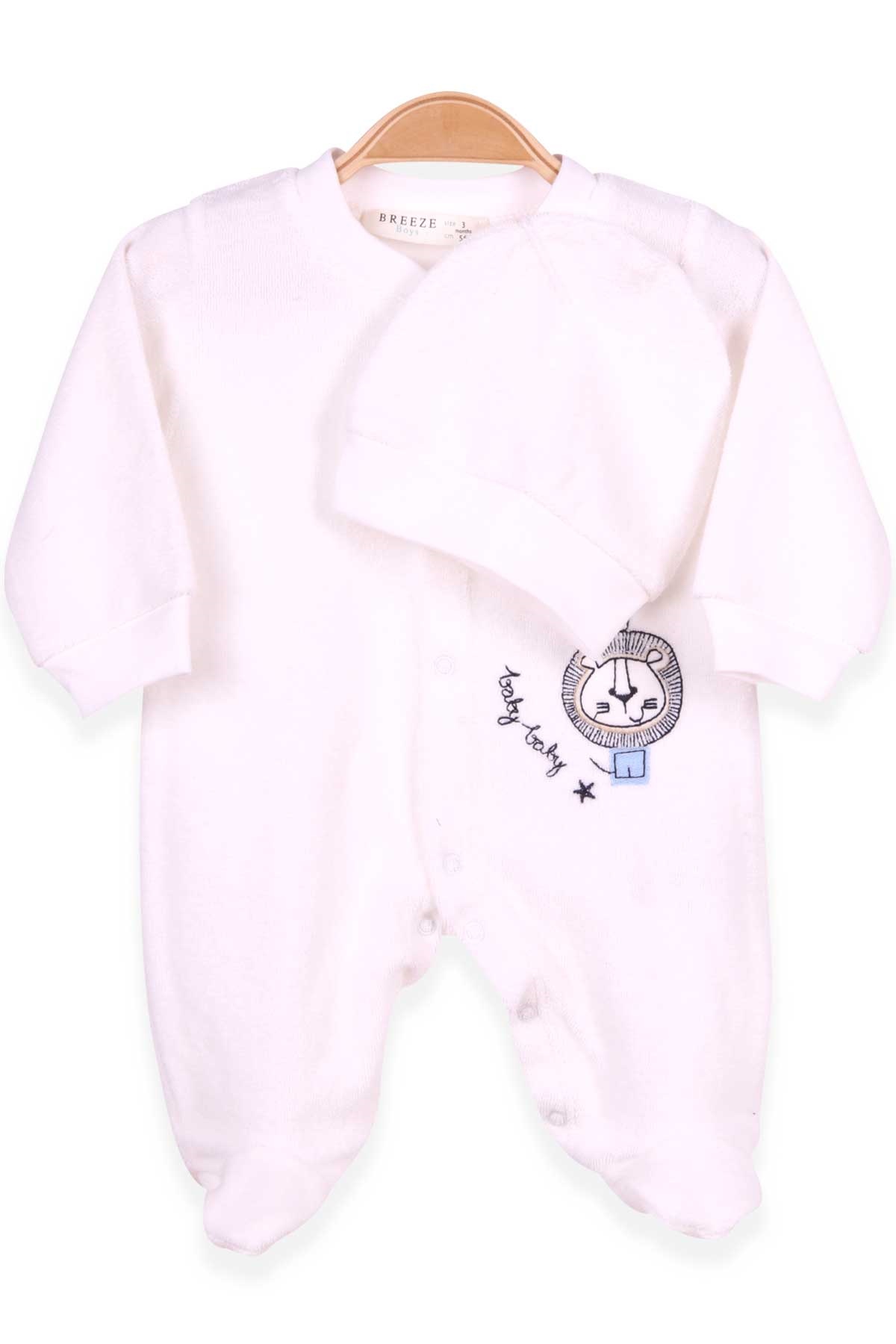 Breeze Erkek Bebek Kadife Tulum Aslan Nakışlı Şapkalı Set Ekru (0-3 Ay-6 Ay)