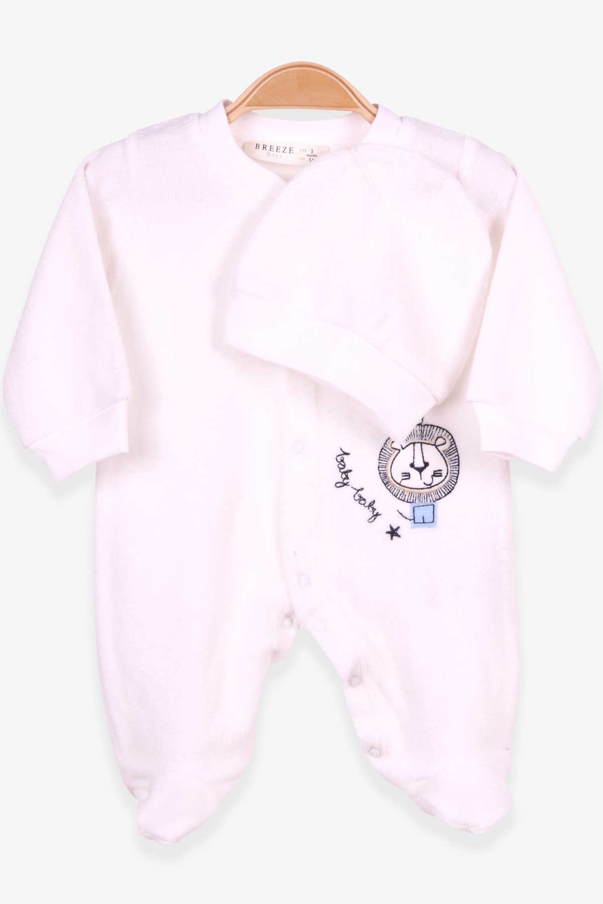 Breeze Erkek Bebek Kadife Tulum Aslan Nakışlı Şapkalı Set Ekru (0-3 Ay-6 Ay)