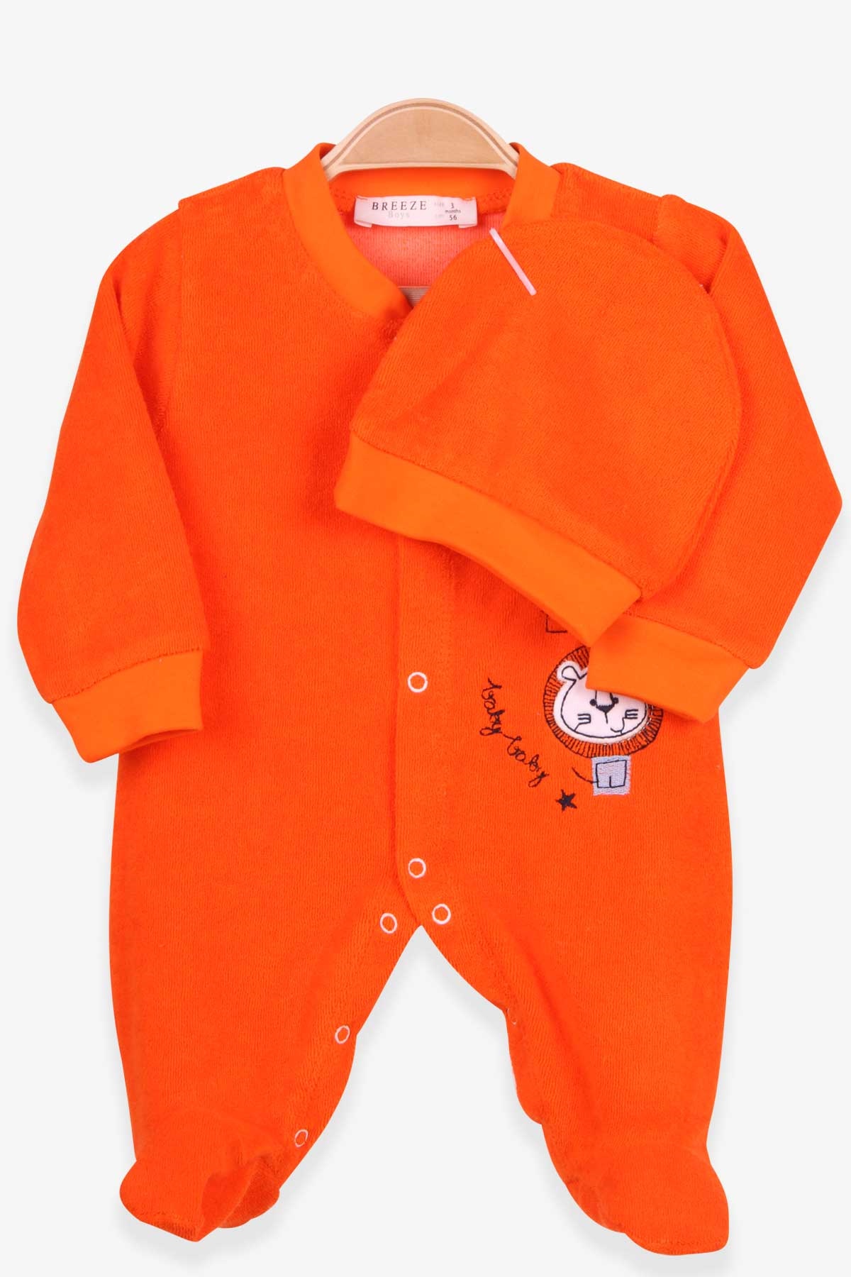 Breeze Erkek Bebek Kadife Tulum Aslan Nakışlı Şapkalı Set Turuncu (0-3 Ay-6 Ay)