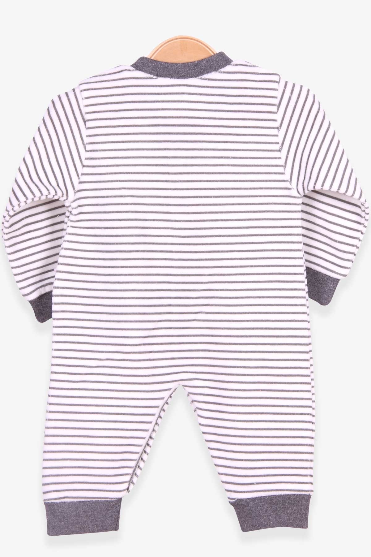 Breeze Erkek Bebek Kadife Tulum Çizgi Desenli Ekru (0-3 Ay-6 Ay)