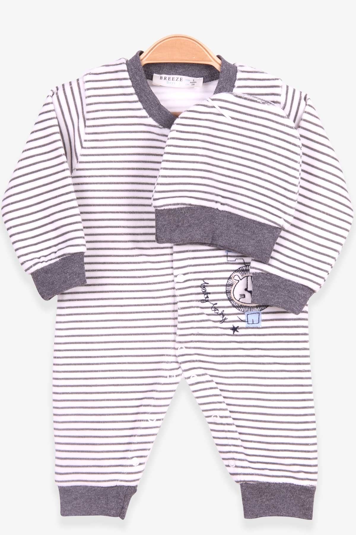 Breeze Erkek Bebek Kadife Tulum Çizgi Desenli Ekru (0-3 Ay-6 Ay)