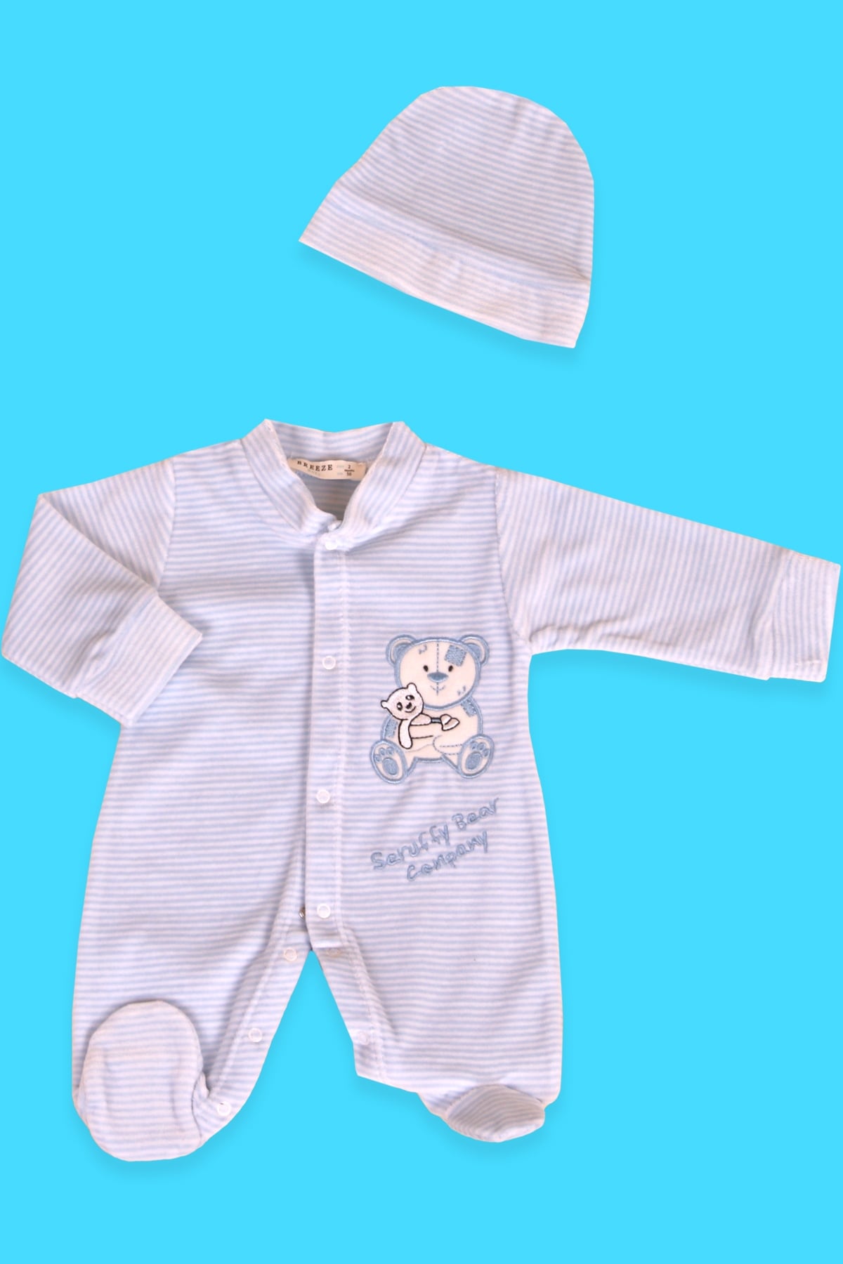 Breeze Erkek Bebek Kadife Tulum Çizgili Ayıcıklı Bebe Mavisi (0-3 Ay-4 Ay)
