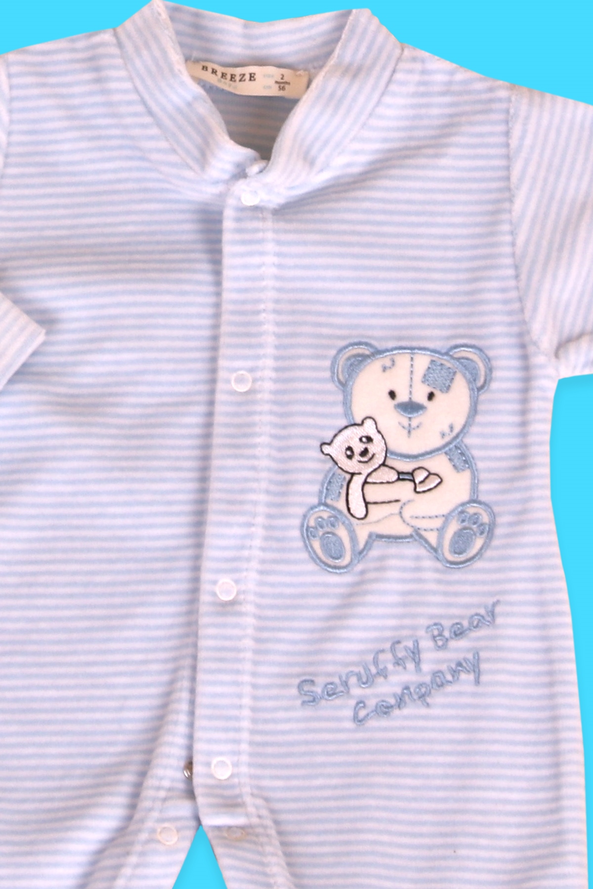 Breeze Erkek Bebek Kadife Tulum Çizgili Ayıcıklı Bebe Mavisi (0-3 Ay-4 Ay)