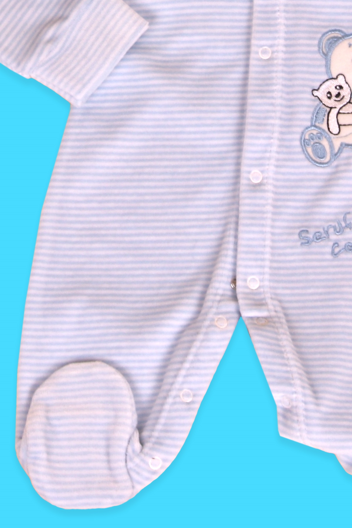 Breeze Erkek Bebek Kadife Tulum Çizgili Ayıcıklı Bebe Mavisi (0-3 Ay-4 Ay)