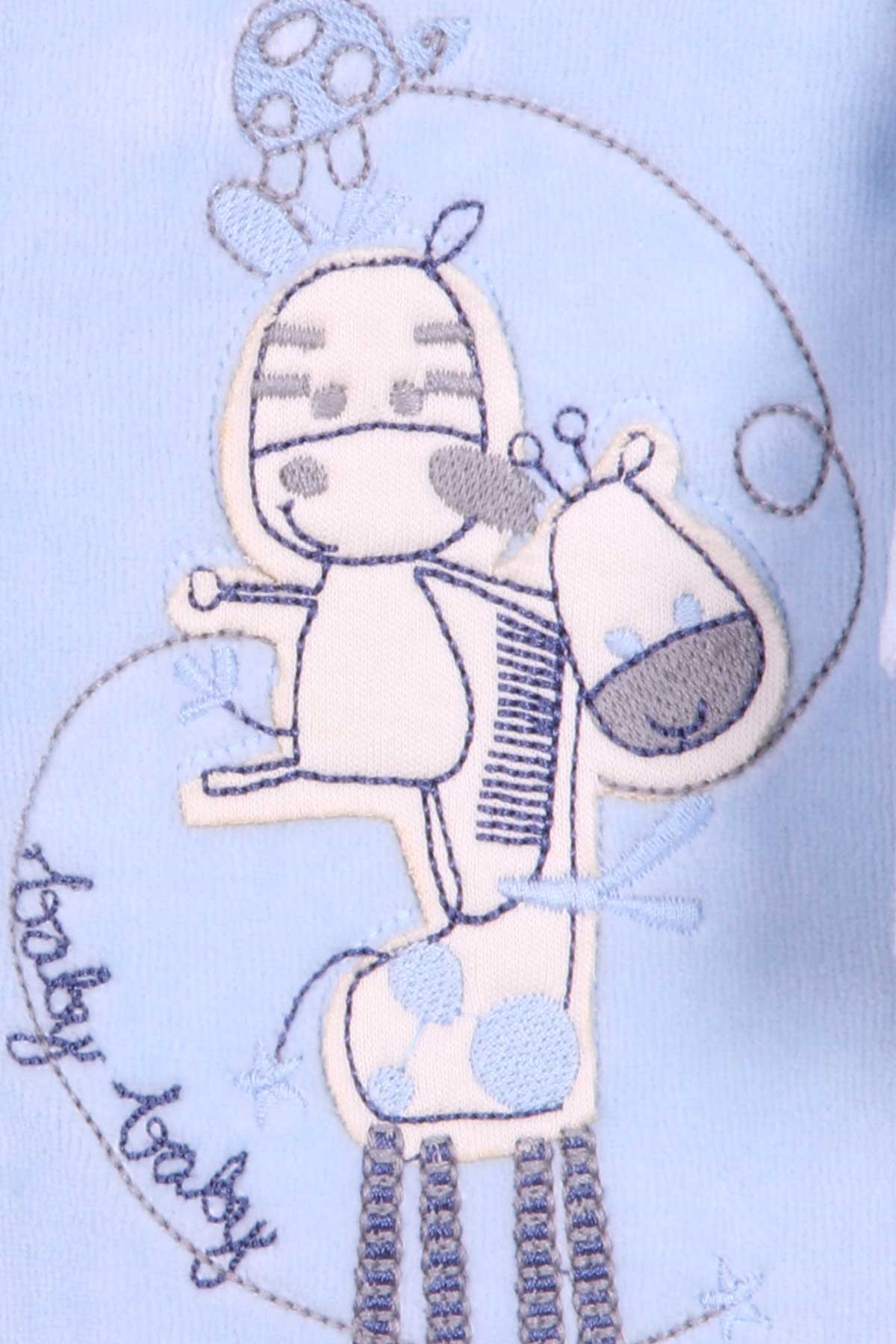 Breeze Erkek Bebek Kadife Tulum Zürafa Nakışlı Bebe Mavisi (0-3 Ay-6 Ay)