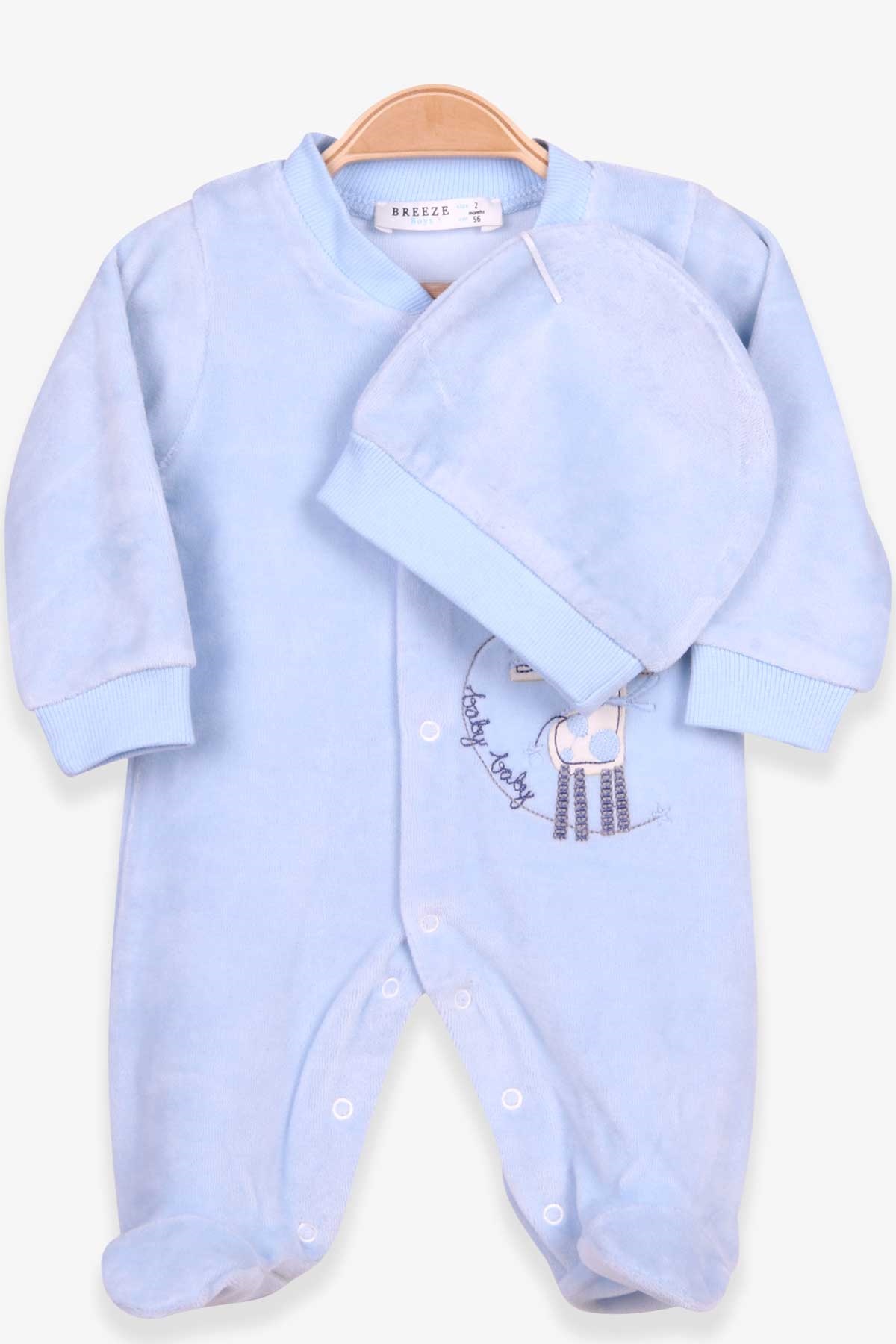 Breeze Erkek Bebek Kadife Tulum Zürafa Nakışlı Bebe Mavisi (0-3 Ay-6 Ay)
