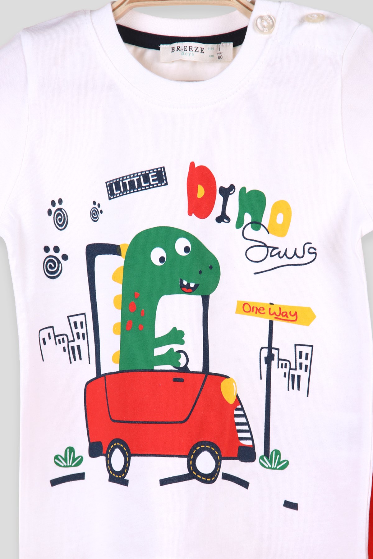 Breeze Erkek Bebek Kapri Takım Araba Süren Dino Ekru (9 Ay-3 Yaş)