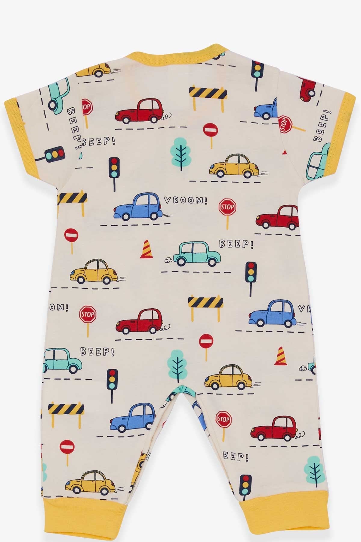Breeze Erkek Bebek Kısa Kollu Tulum Araba Desenli Krem (0-3 Ay-6 Ay)
