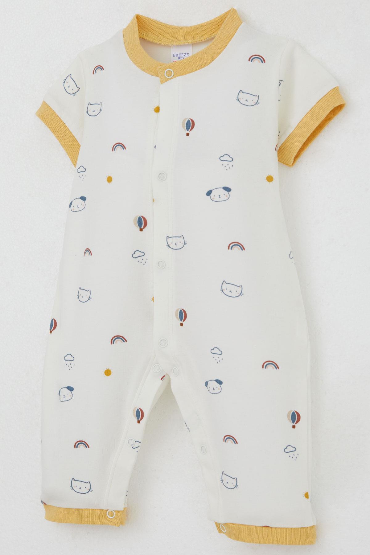 Breeze Erkek Bebek Kısa Kollu Tulum Gökyüzü Temalı Hayvancık Desenli Ekru (0-6 Ay)
