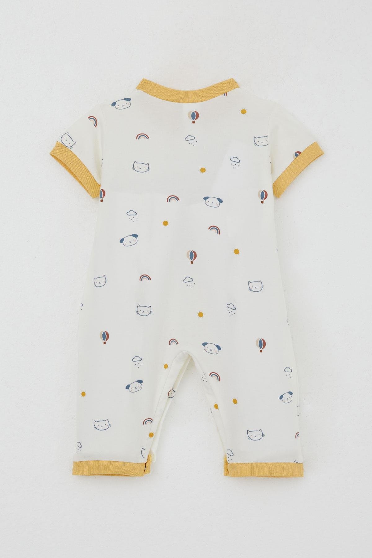 Breeze Erkek Bebek Kısa Kollu Tulum Gökyüzü Temalı Hayvancık Desenli Ekru (0-6 Ay)