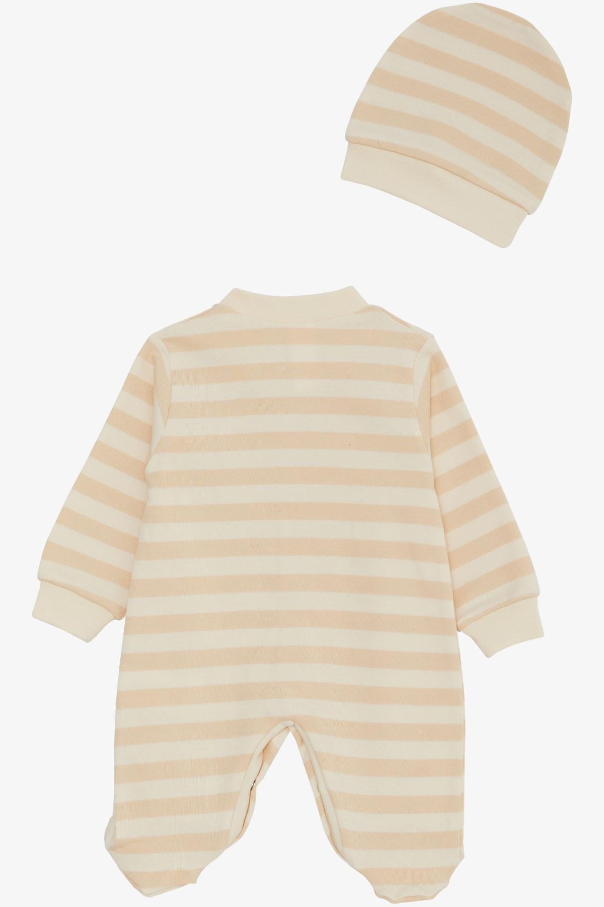 Breeze Erkek Bebek Patikli Tulum Çizgili Ayıcık Armalı Krem (0-6 Ay)