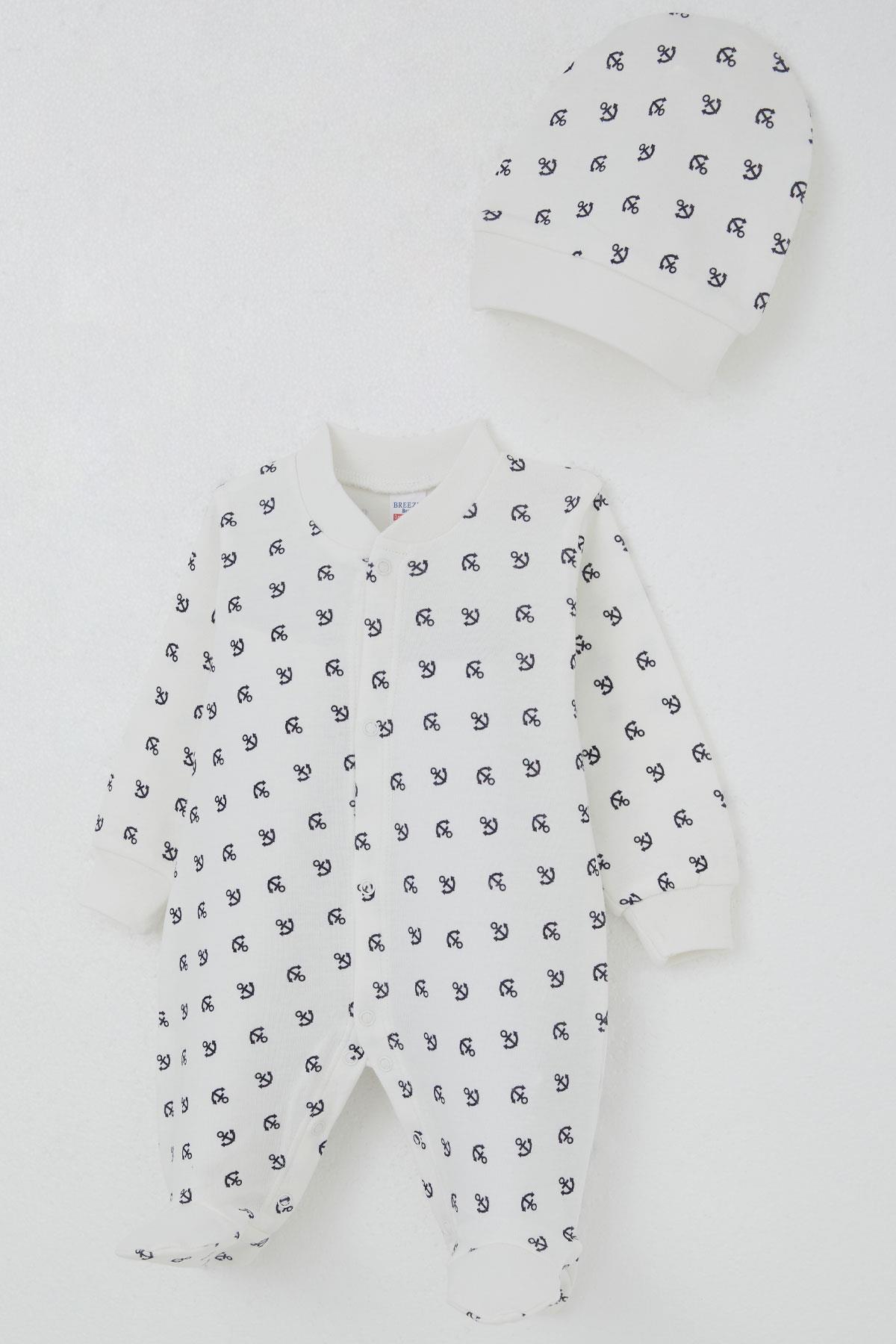 Breeze Erkek Bebek Patikli Tulum Deniz Temalı Çapa Desenli Ekru (0-6 Ay)