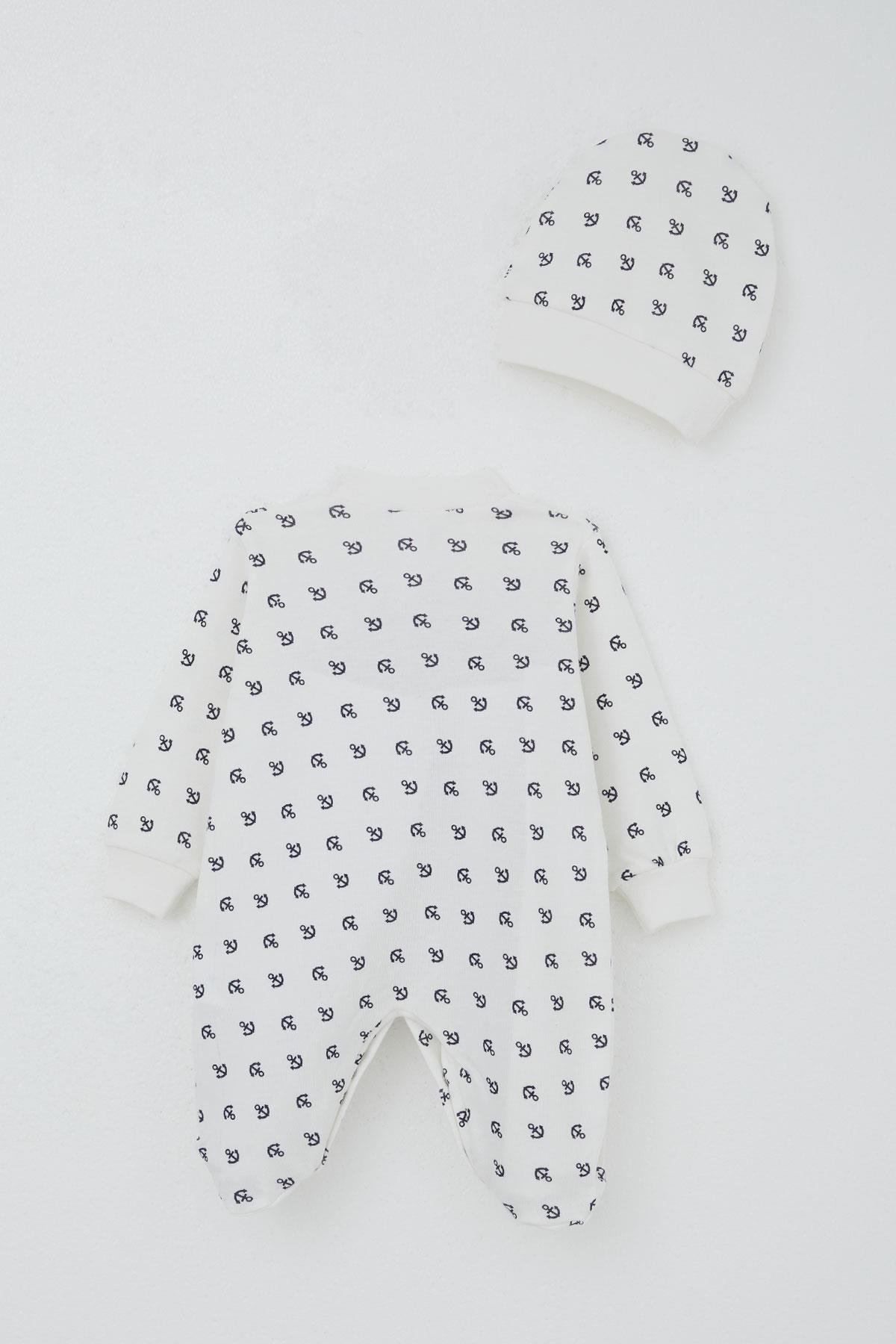 Breeze Erkek Bebek Patikli Tulum Deniz Temalı Çapa Desenli Ekru (0-6 Ay)