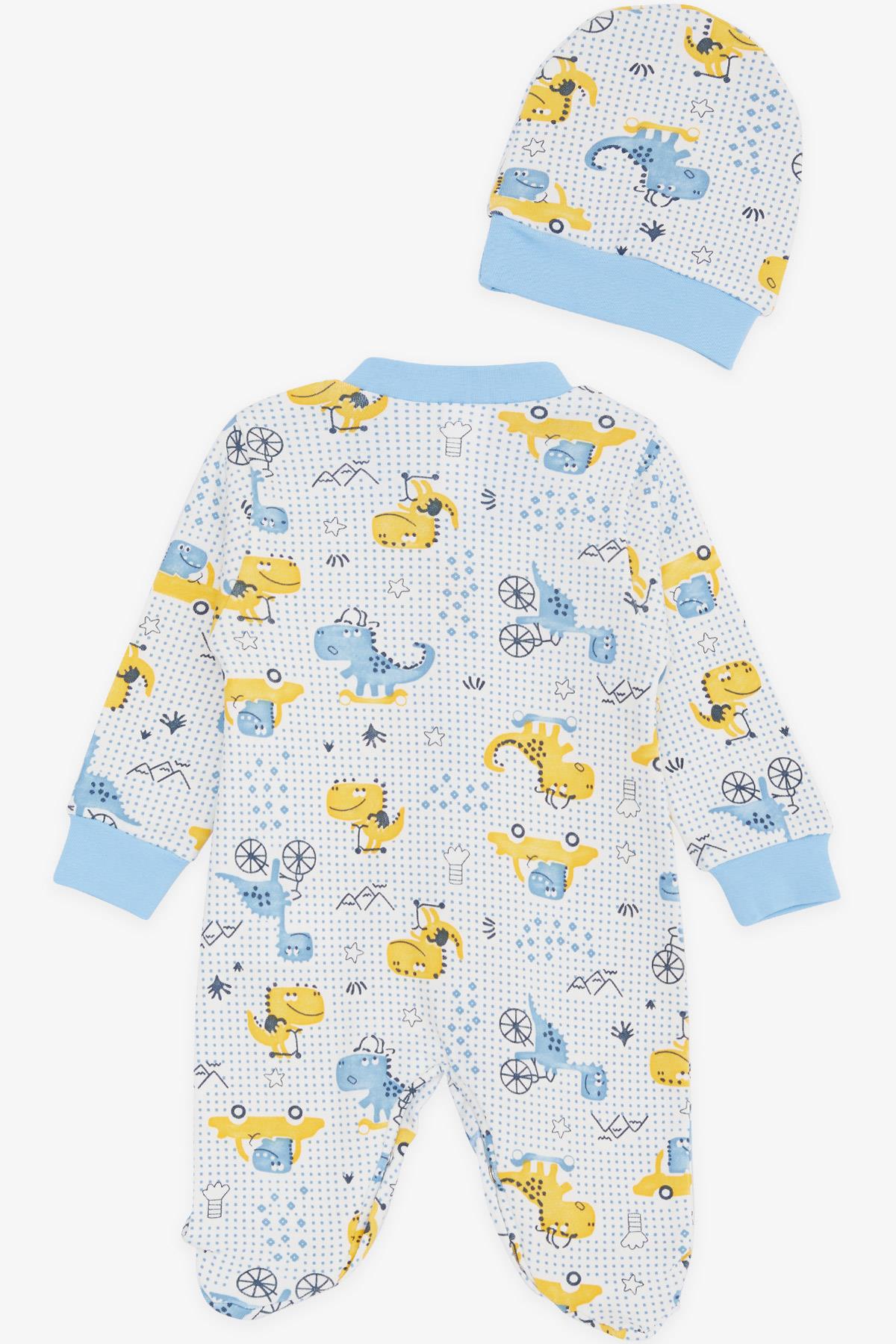 Breeze Erkek Bebek Patikli Tulum Eğlenceli Dinozor Desenli Beyaz (0-6 Ay)