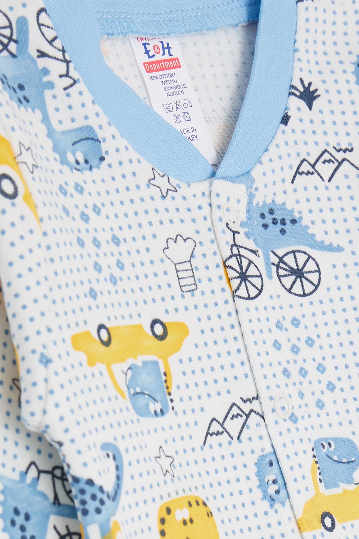 Breeze Erkek Bebek Patikli Tulum Eğlenceli Dinozor Desenli Beyaz (0-6 Ay)