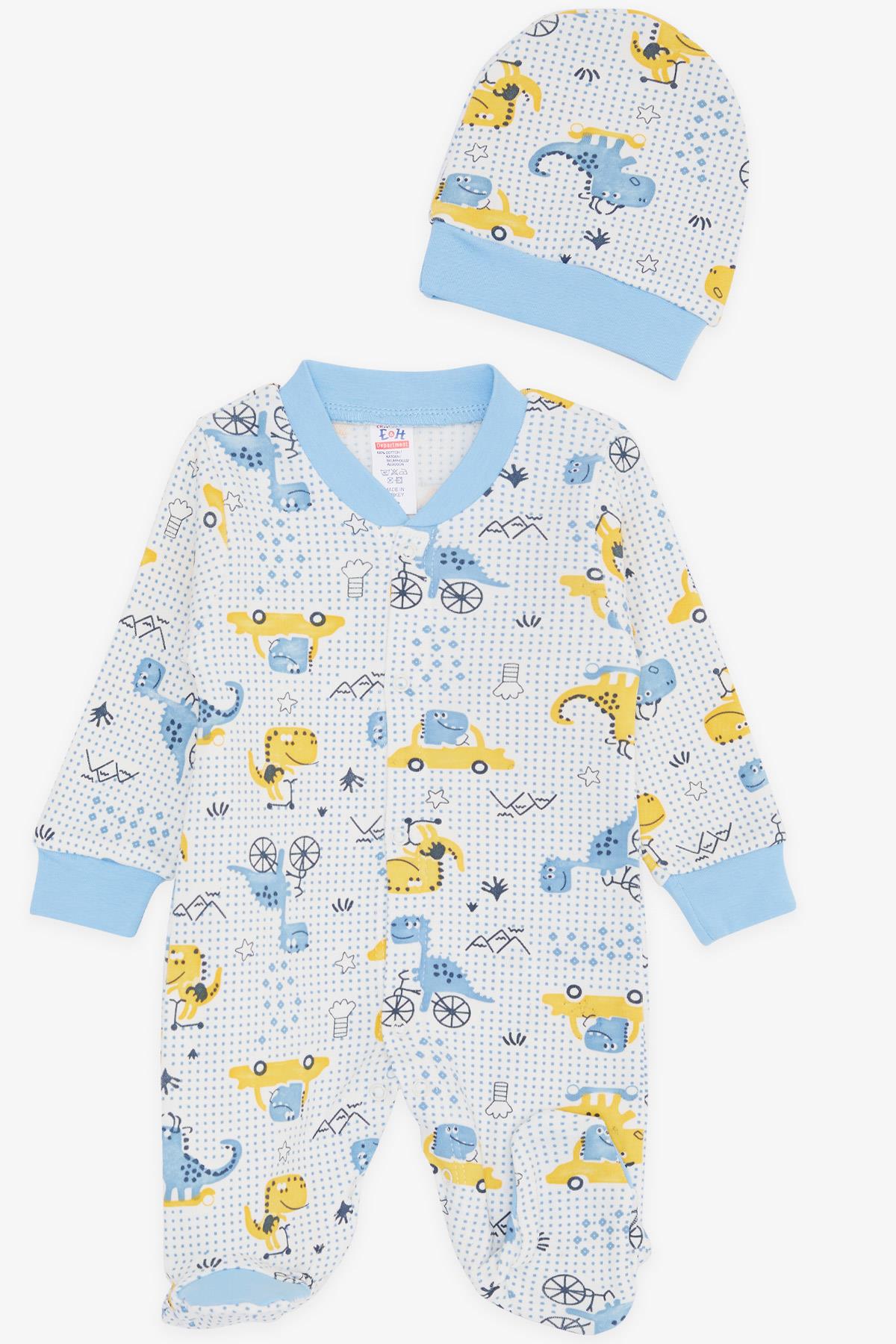 Breeze Erkek Bebek Patikli Tulum Eğlenceli Dinozor Desenli Beyaz (0-6 Ay)