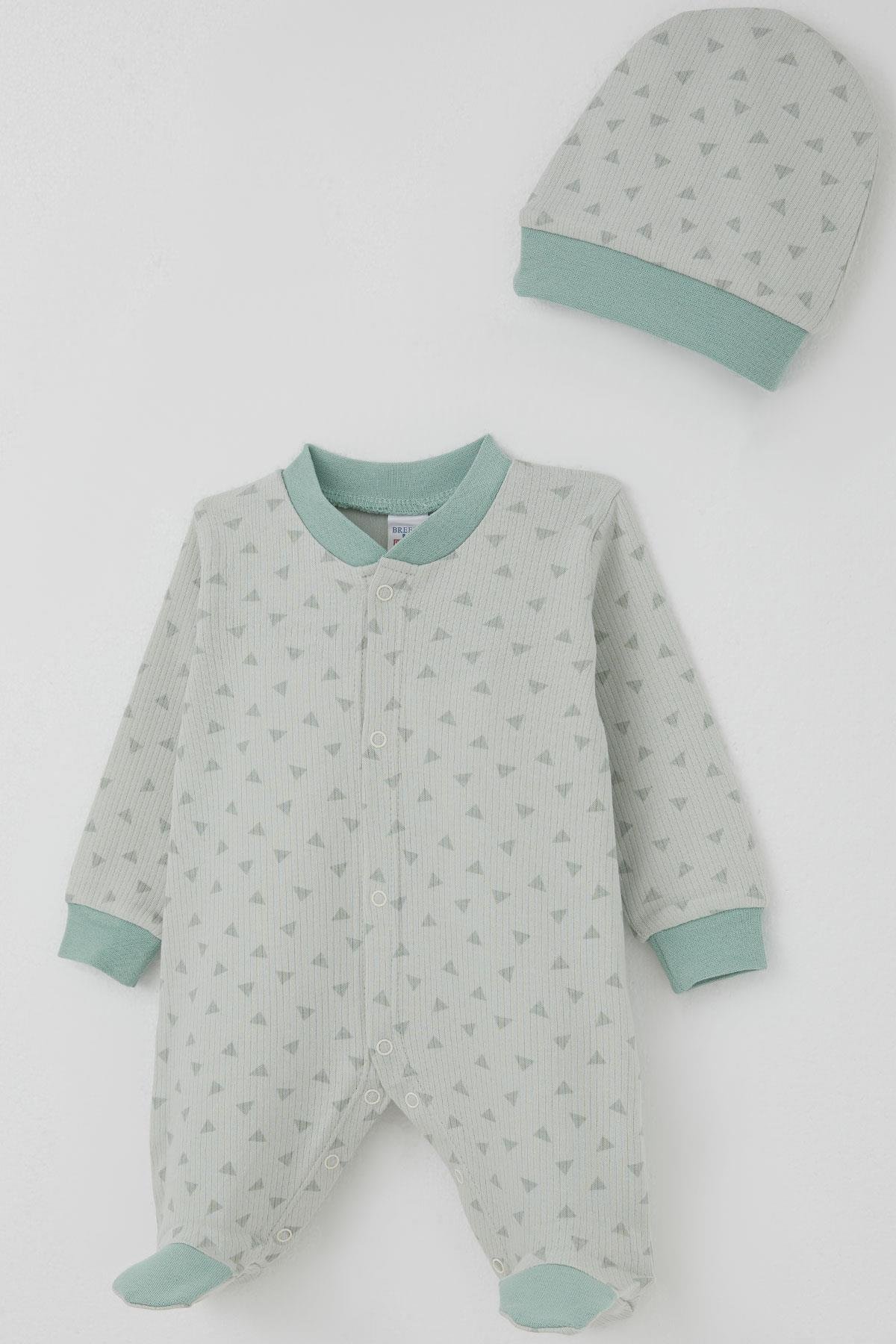 Breeze Erkek Bebek Patikli Tulum Mini Üçgenler Desenli Su Yeşili (0-6 Ay)