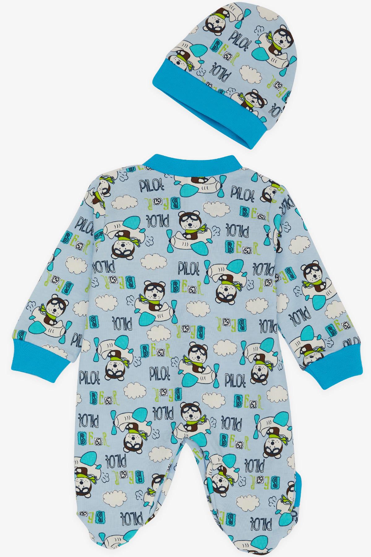 Breeze Erkek Bebek Patikli Tulum Pilot Ayıcık Desenli Açık Mavi (0-3 Ay-6 Ay)
