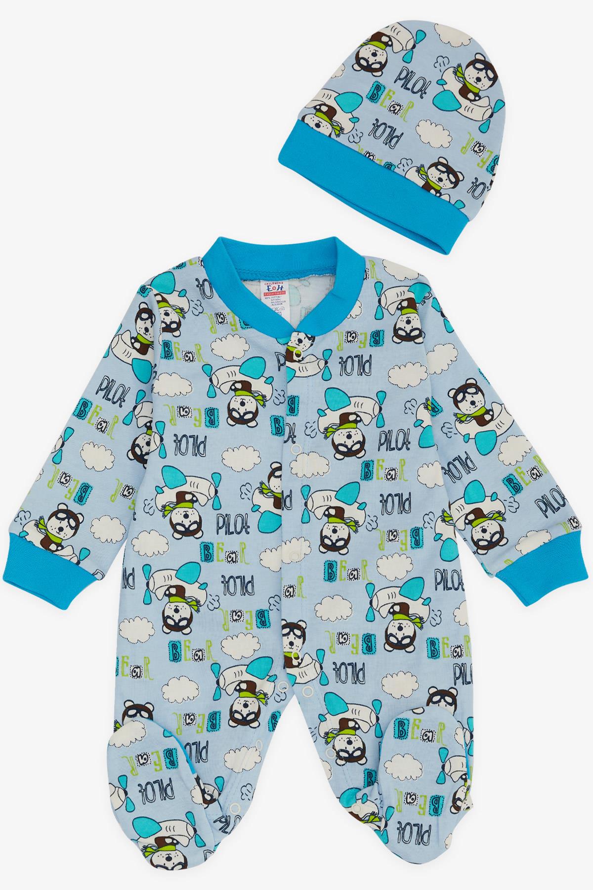 Breeze Erkek Bebek Patikli Tulum Pilot Ayıcık Desenli Açık Mavi (0-3 Ay-6 Ay)