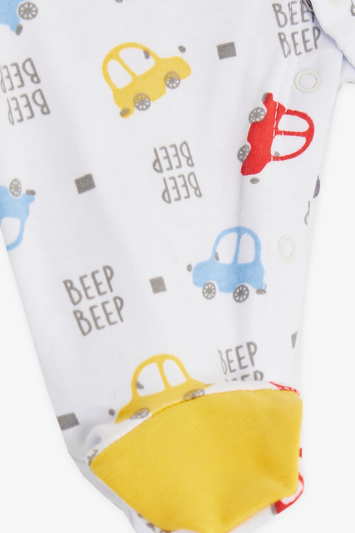 Breeze Erkek Bebek Patikli Tulum Renkli Araba Desenli Beyaz (0-3 Ay-6 Ay)