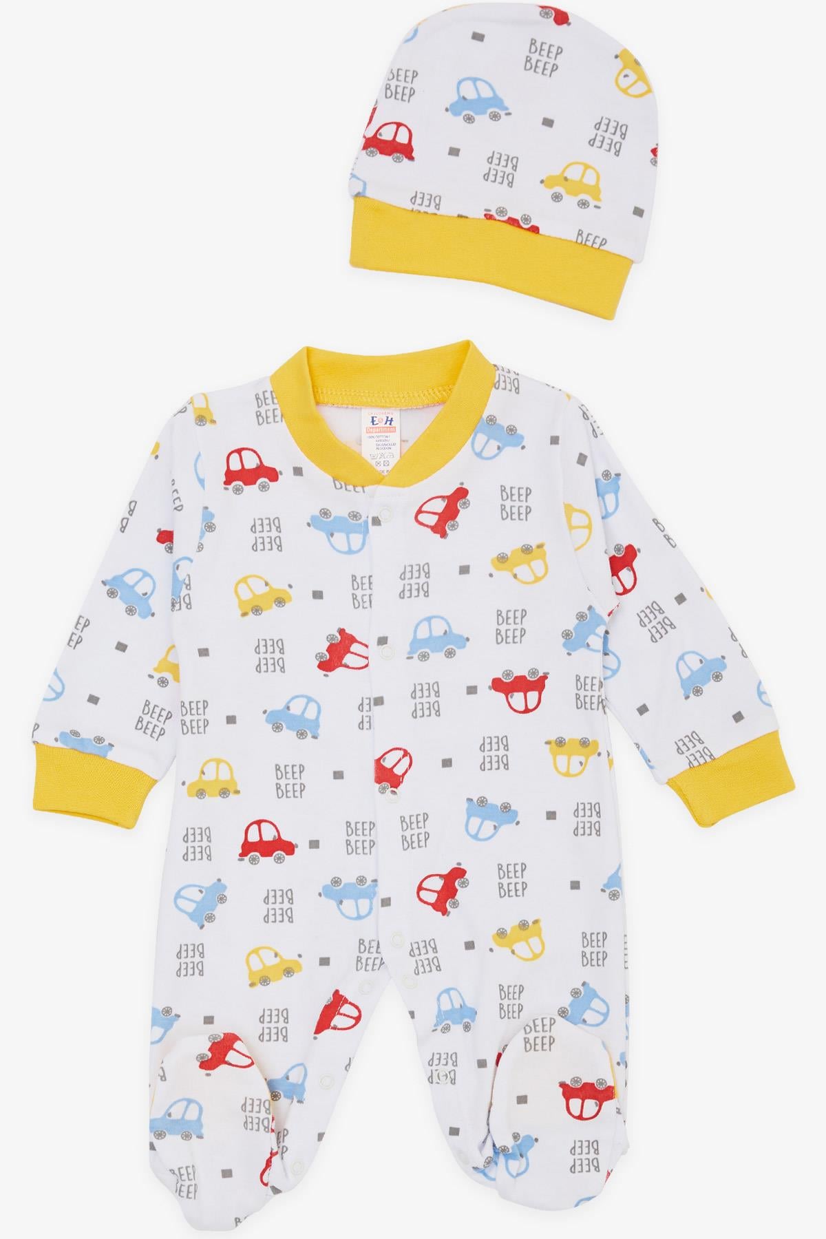 Breeze Erkek Bebek Patikli Tulum Renkli Araba Desenli Beyaz (0-3 Ay-6 Ay)