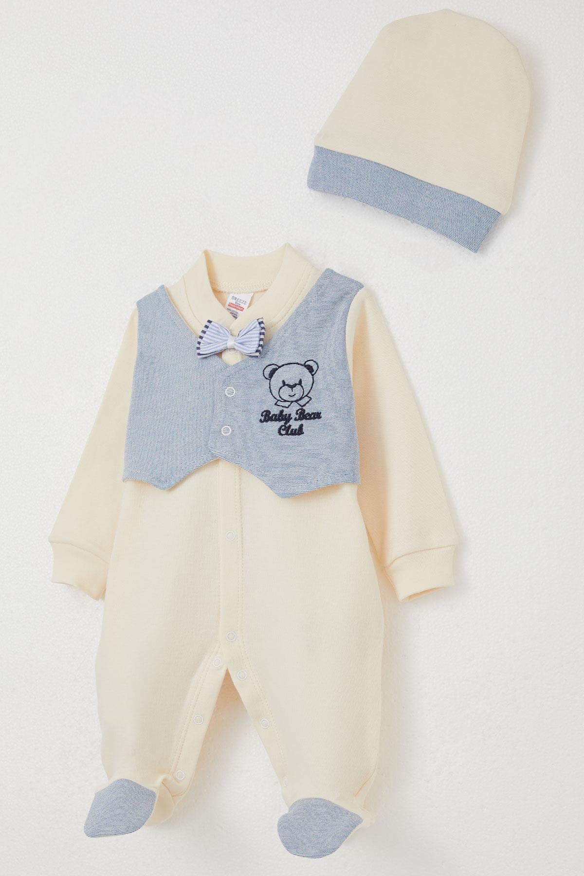 Breeze Erkek Bebek Patikli Tulum Sabit Papyonlu Yelekli Krem (0-6 Ay)