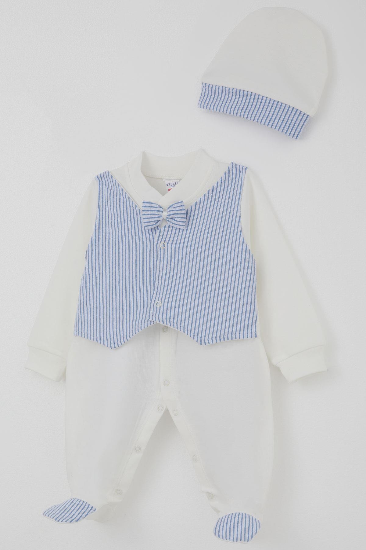 Breeze Erkek Bebek Patikli Tulum Sabit Papyonlu Yelekli Beyaz (0-6 Ay)