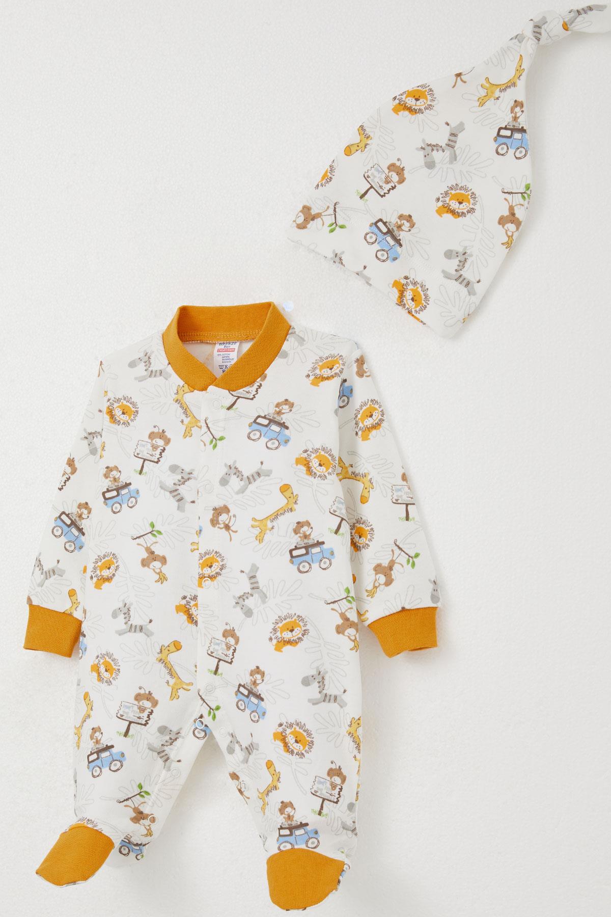 Breeze Erkek Bebek Patikli Tulum Safari Temalı Hayvancıklar Desenli Beyaz (0-6 Ay)