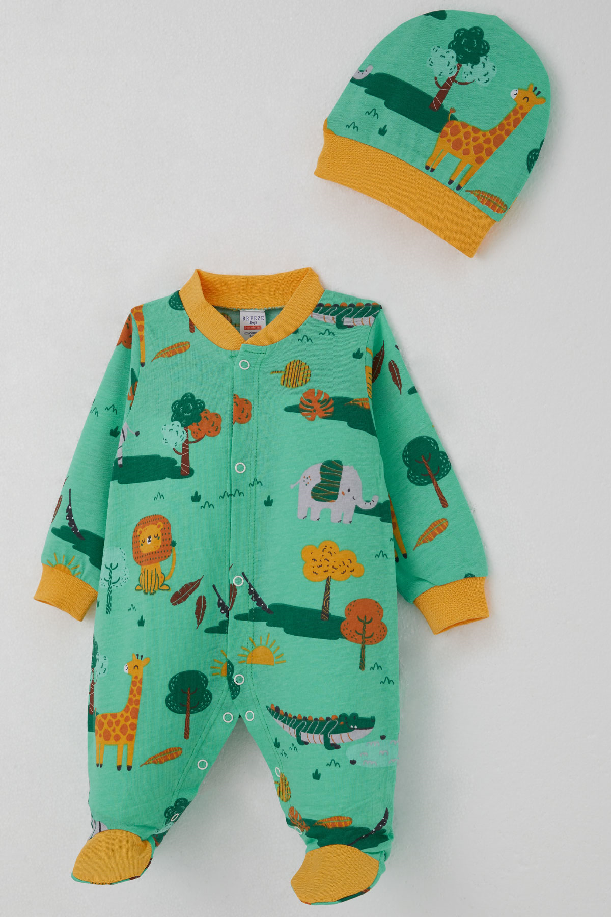 Breeze Erkek Bebek Patikli Tulum Safari Temalı Sevimli Hayvancıklar Desenli Yeşil (0-9 Ay)