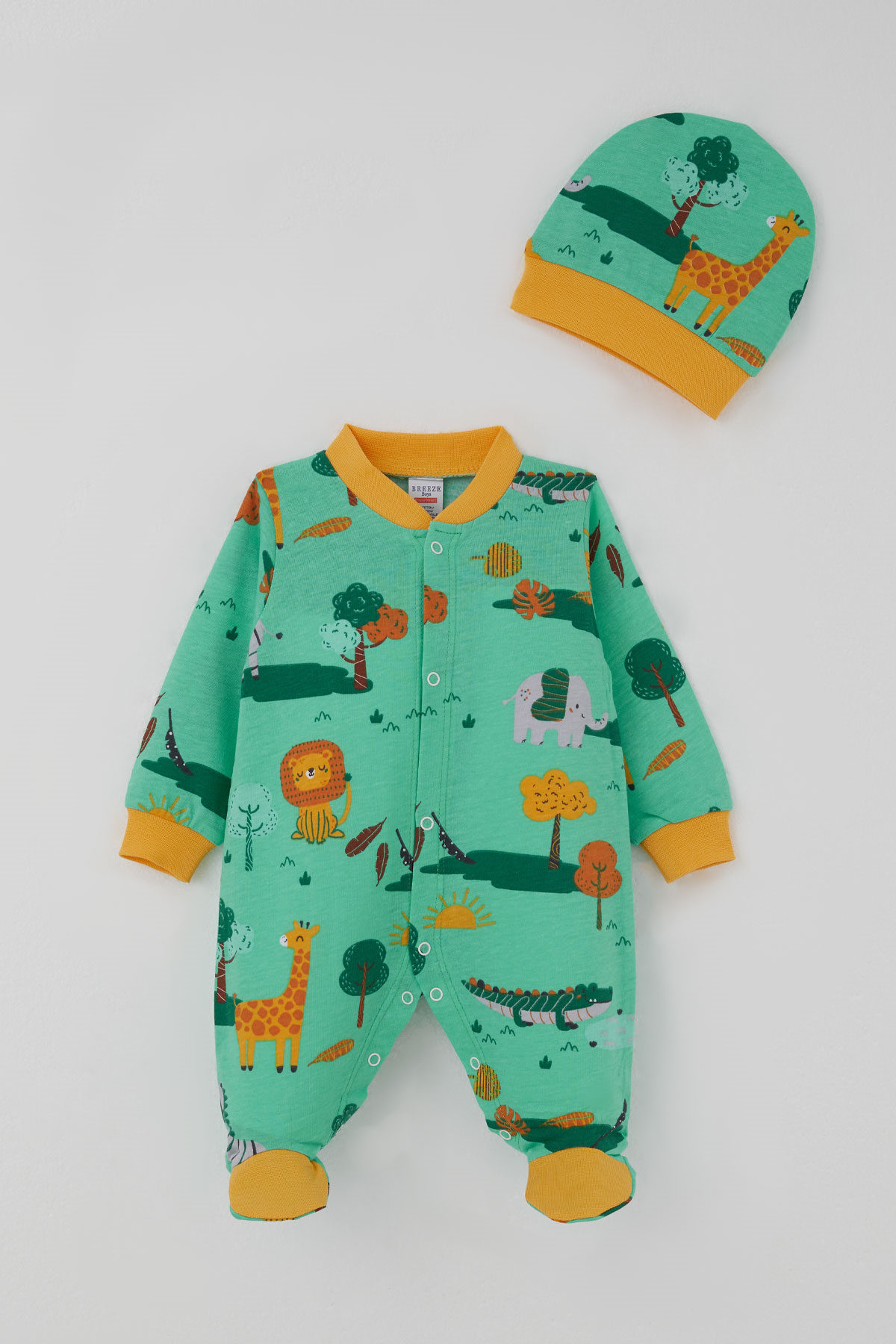 Breeze Erkek Bebek Patikli Tulum Safari Temalı Sevimli Hayvancıklar Desenli Yeşil (0-9 Ay)