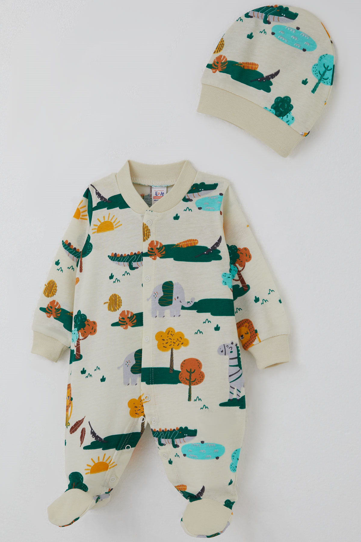 Breeze Erkek Bebek Patikli Tulum Safari Temalı Sevimli Hayvancıklar Desenli Sarı (0-9 Ay)