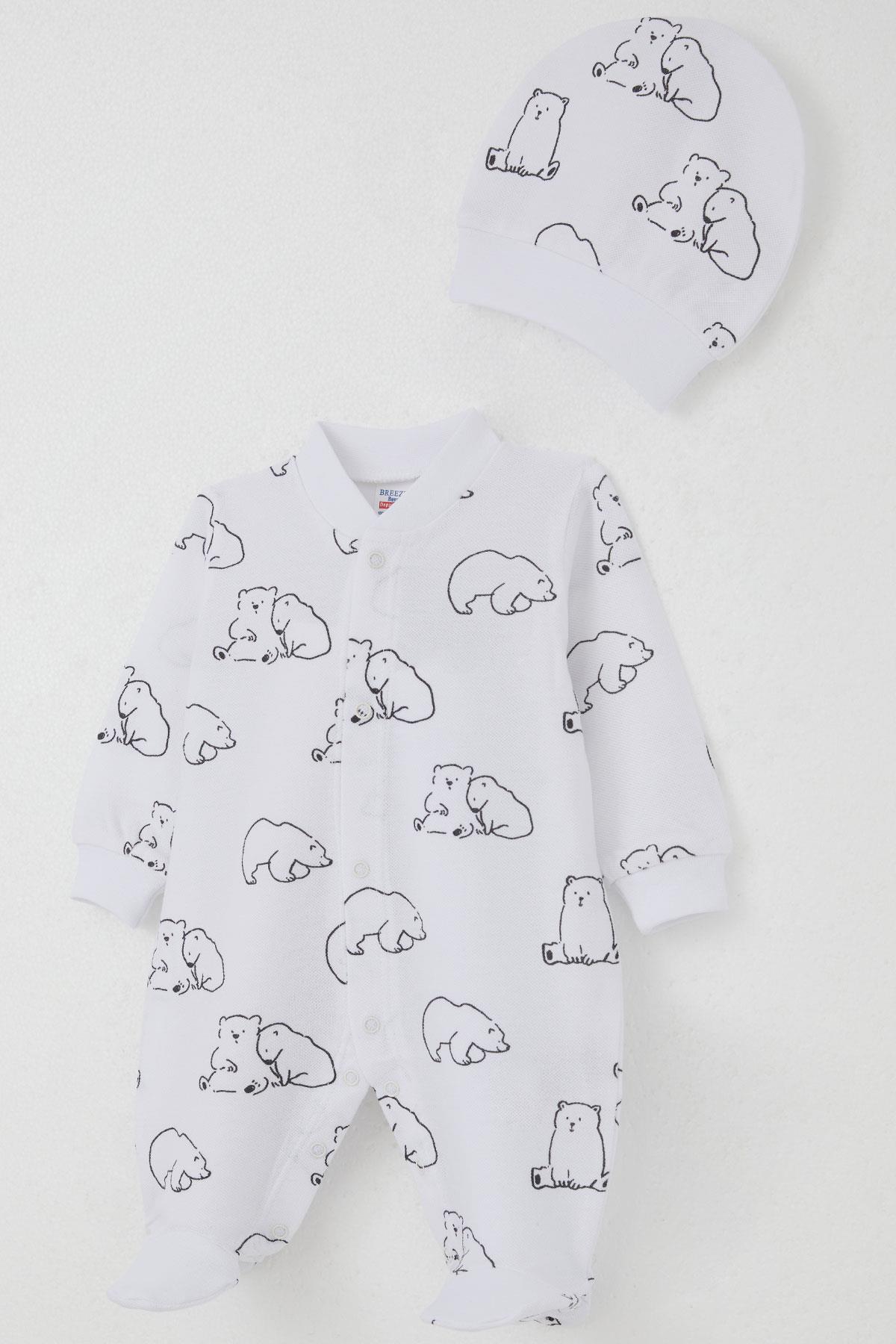Breeze Erkek Bebek Patikli Tulum Sevimli Kutup Ayıcığı Desenli Beyaz (0-6 Ay)