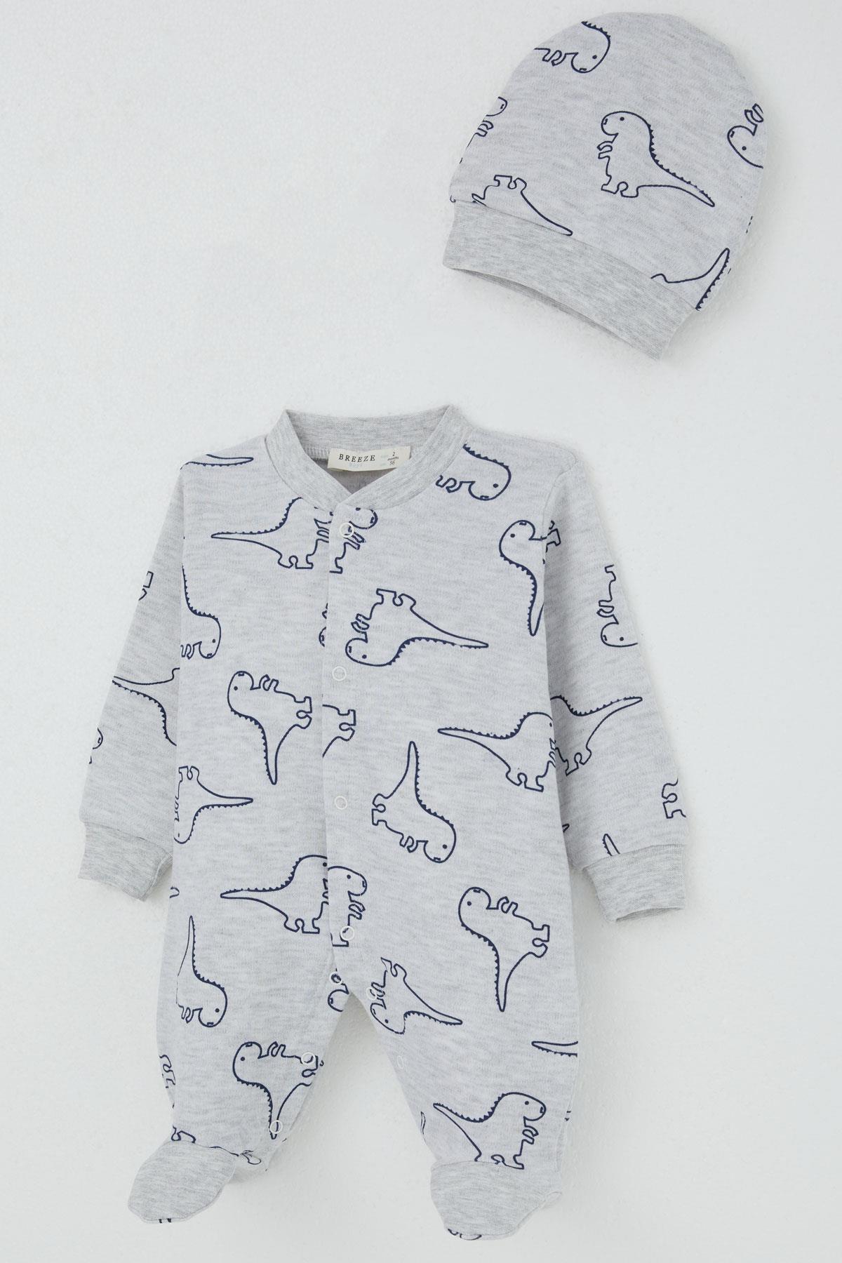 Breeze Erkek Bebek Patikli Tulum Sevimli Dinozor Desenli Açık Gri Melanj (0-6 Ay)