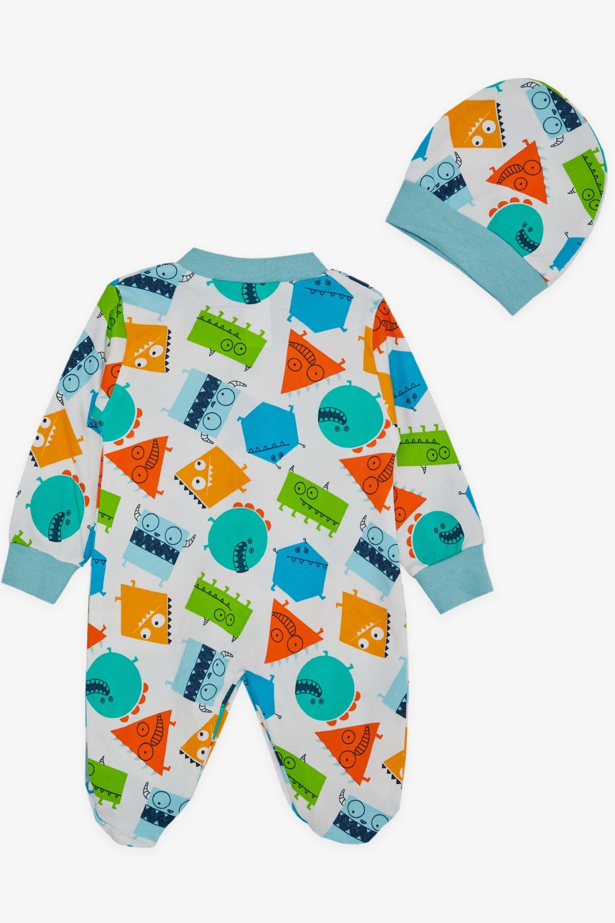 Breeze Erkek Bebek Patikli Tulum Sevimli Geometrik Şekiller Desenli Beyaz (0-6 Ay)