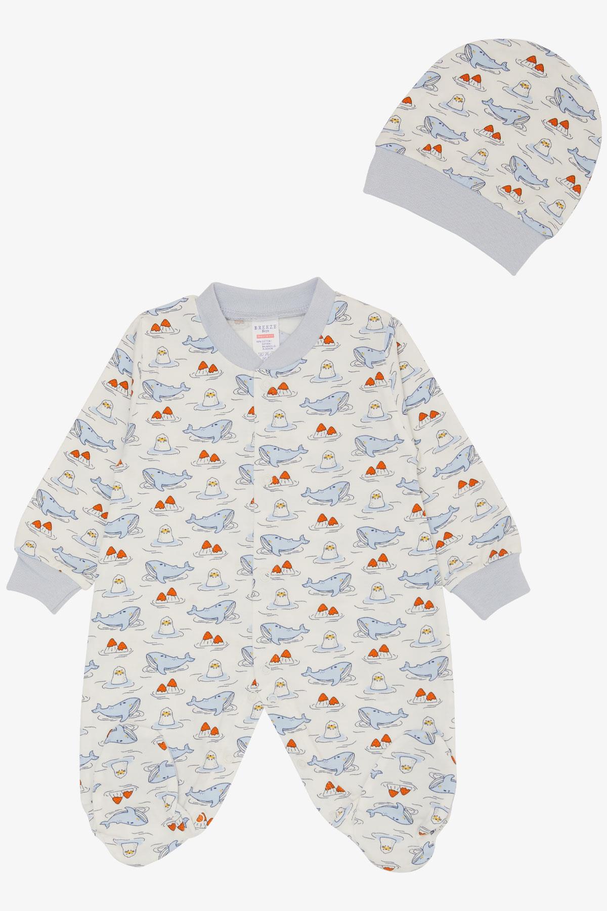 Breeze Erkek Bebek Patikli Tulum Sevimli Deniz Dostları Balina&Fok Balığı Desenli Beyaz (0-6 Ay)