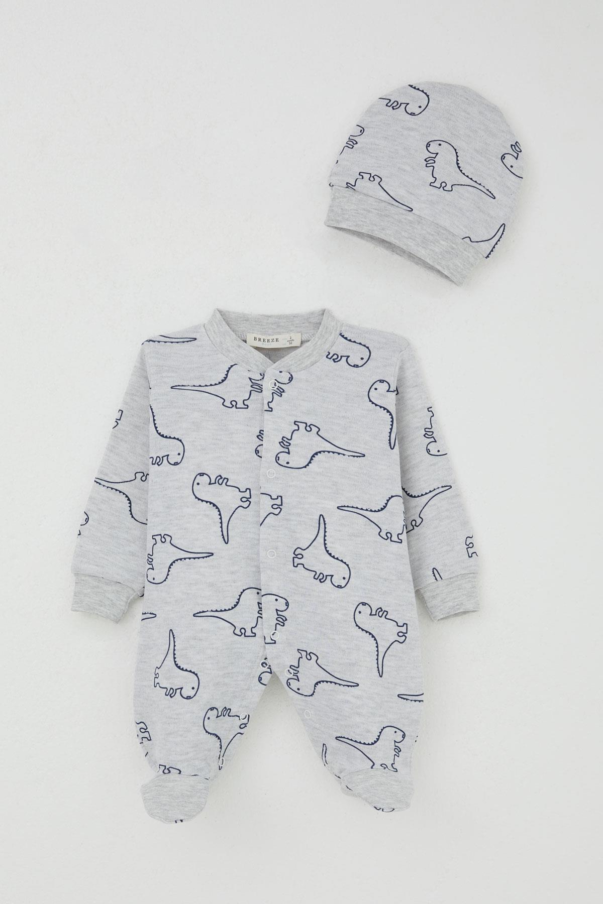 Breeze Erkek Bebek Patikli Tulum Sevimli Dinozor Desenli Açık Gri Melanj (0-6 Ay)