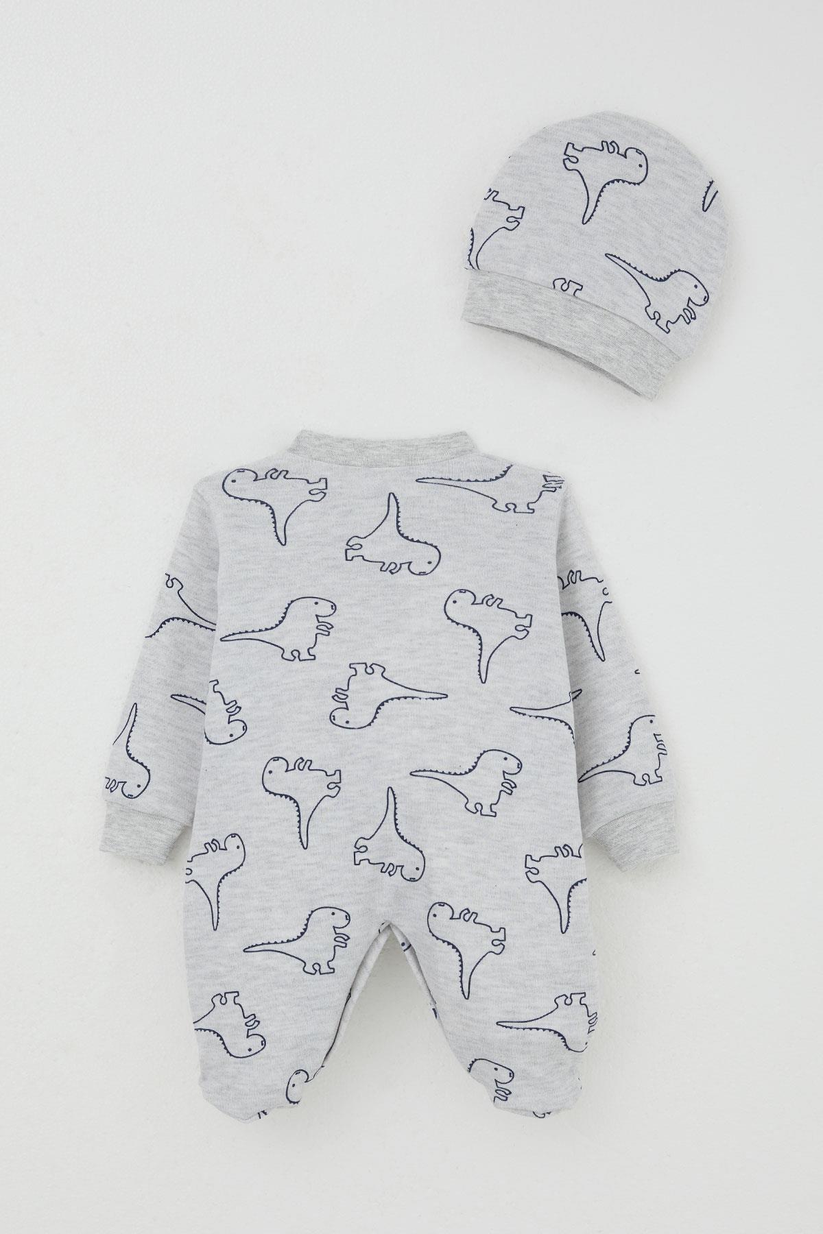 Breeze Erkek Bebek Patikli Tulum Sevimli Dinozor Desenli Açık Gri Melanj (0-6 Ay)
