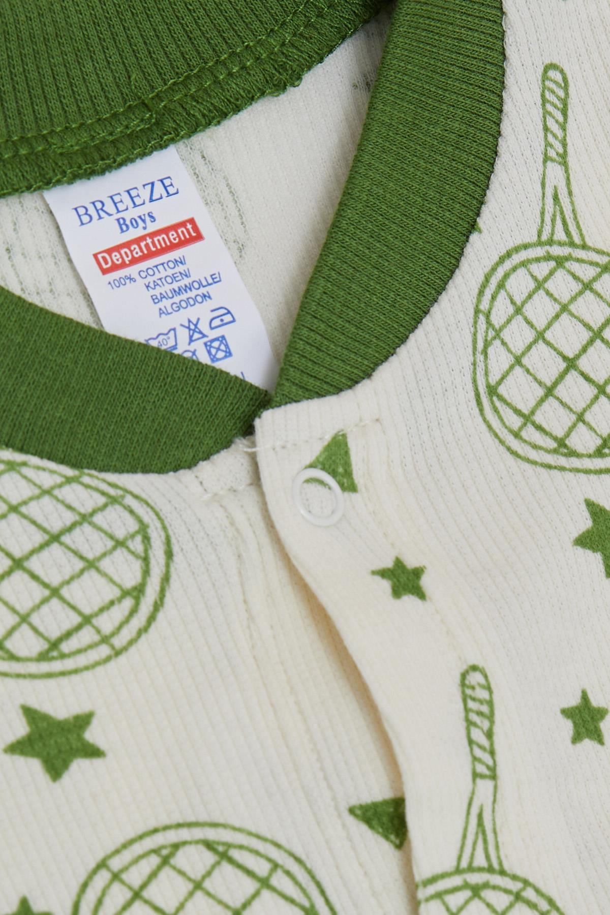 Breeze Erkek Bebek Patikli Tulum Spor Temalı Raket Desenli Ekru (0-6 Ay)