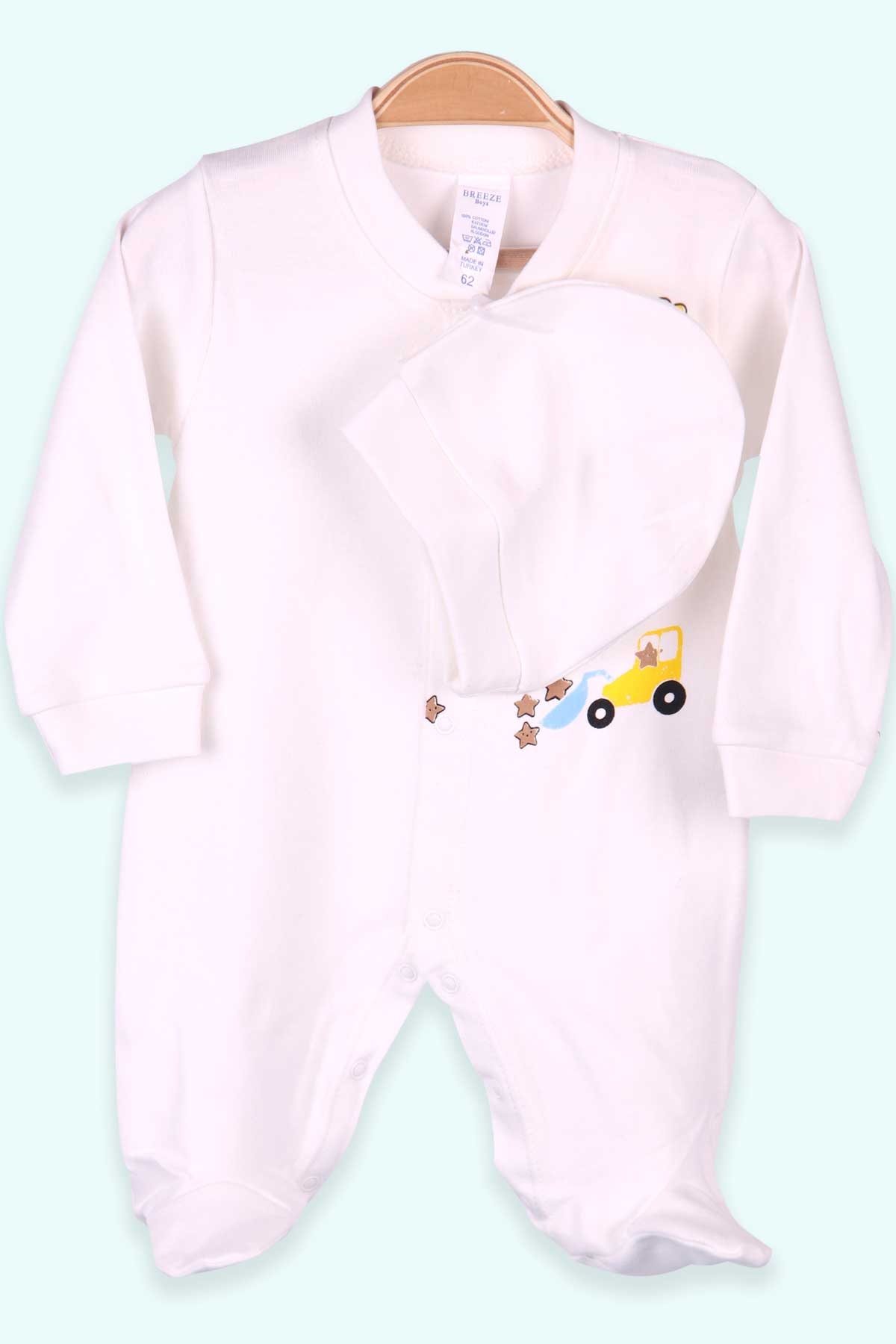 Breeze Erkek Bebek Patikli Tulum Yıldızlı Şapkalı Set Ekru (0-3 Ay-4 Ay)