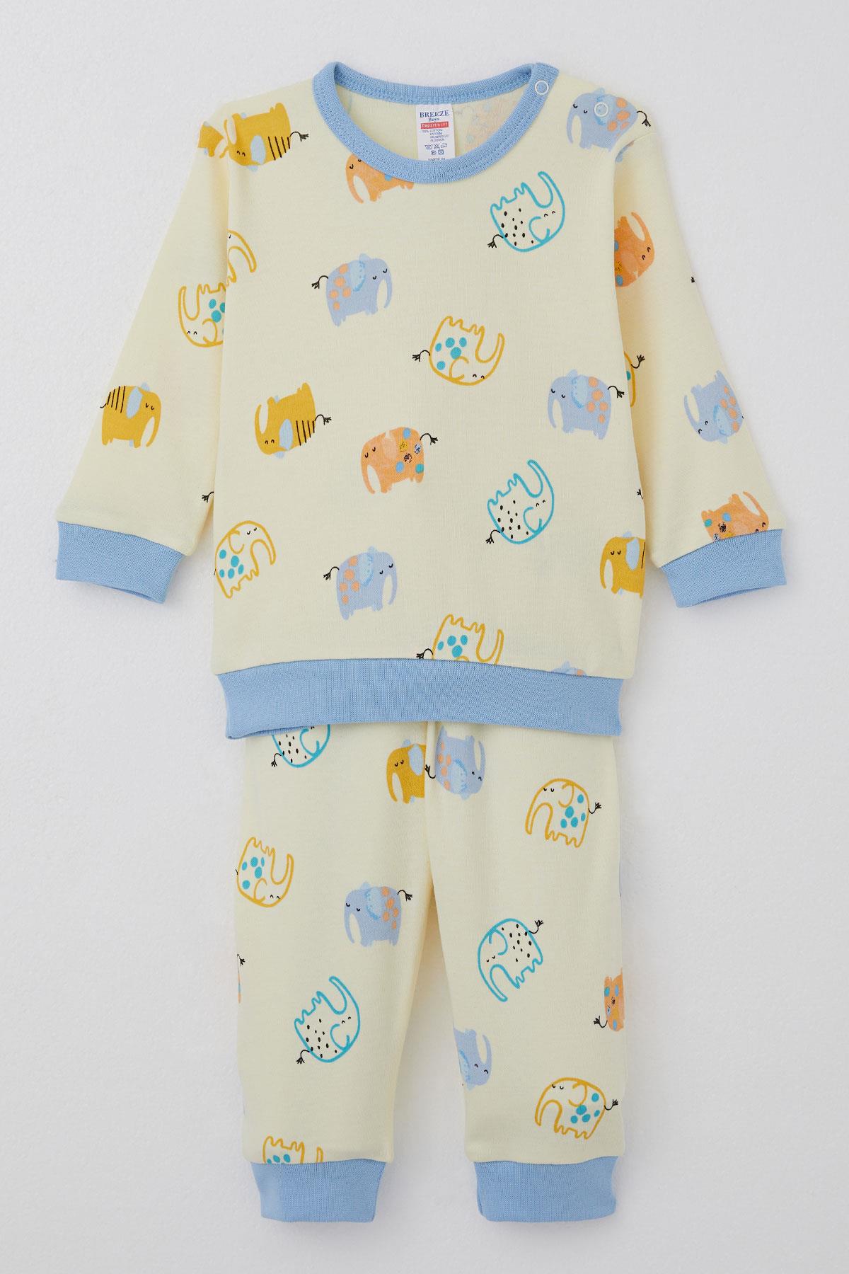 Breeze Erkek Bebek Pijama Takım Sevimli Fil Desenli Sarı (4 Ay-1 Yaş)