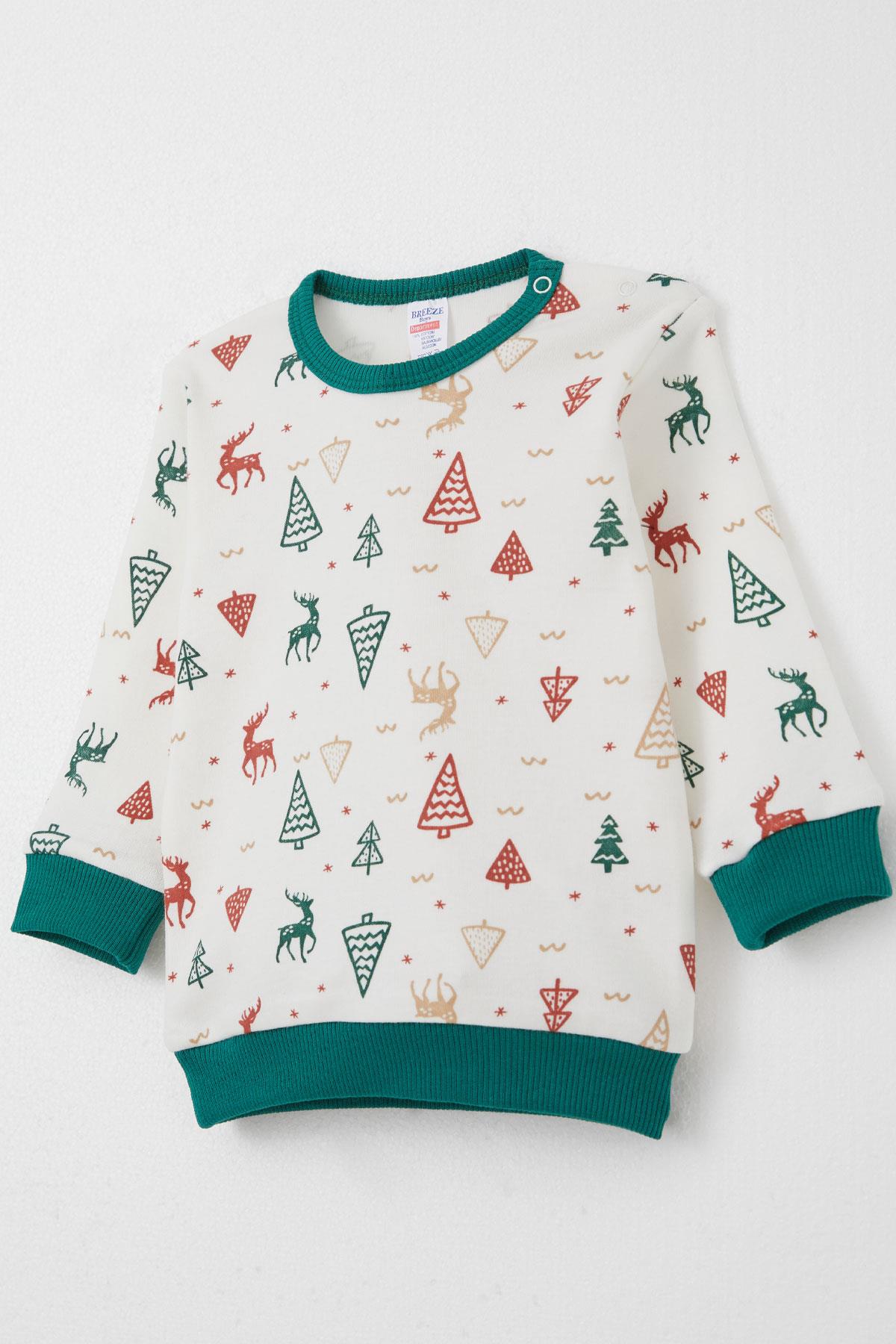 Breeze Erkek Bebek Pijama Takım Yılbaşı Temalı Geyik Desenli Ekru (4 Ay-1 Yaş)