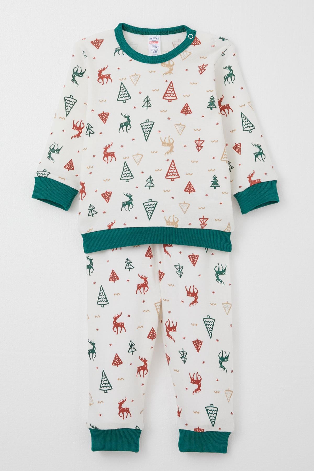 Breeze Erkek Bebek Pijama Takım Yılbaşı Temalı Geyik Desenli Ekru (4 Ay-1 Yaş)