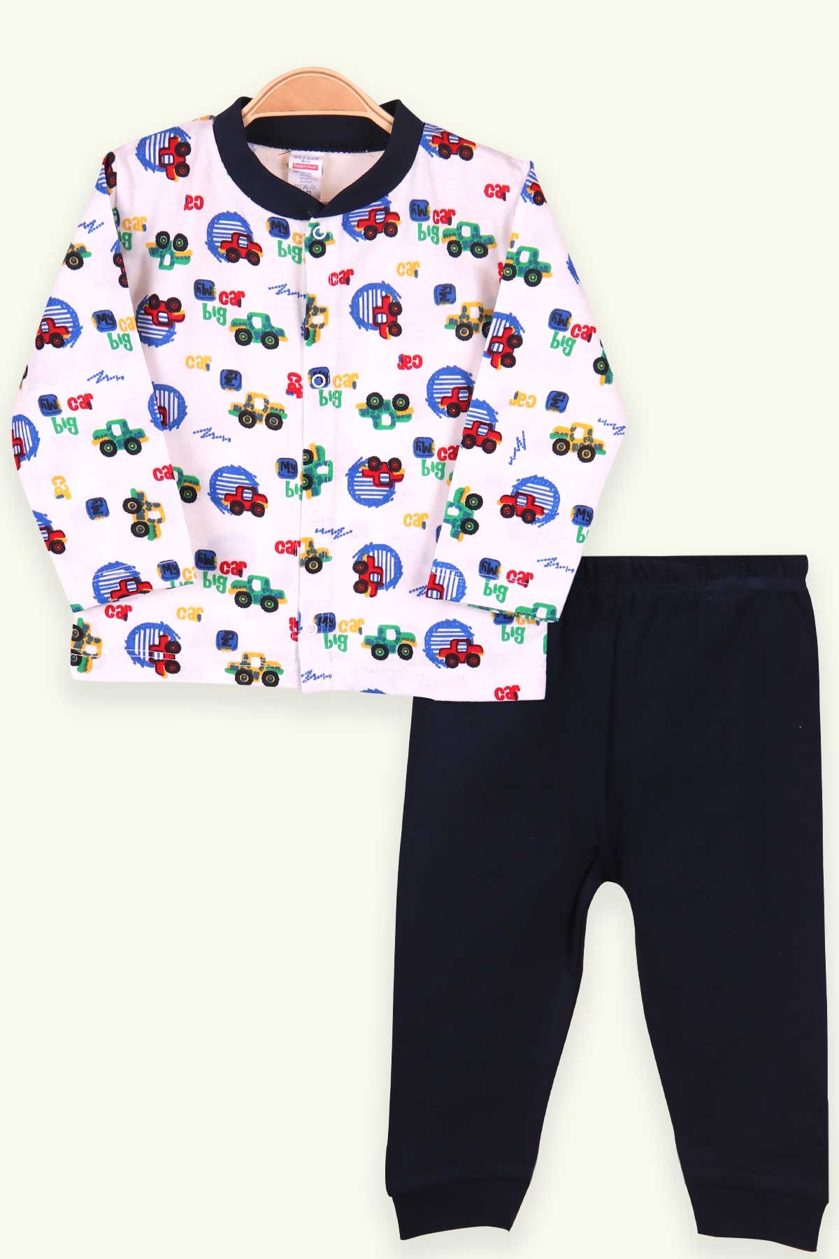 Breeze Erkek Bebek Pijama Takımı Arabalı Beyaz (0-3 Ay-9 Ay)