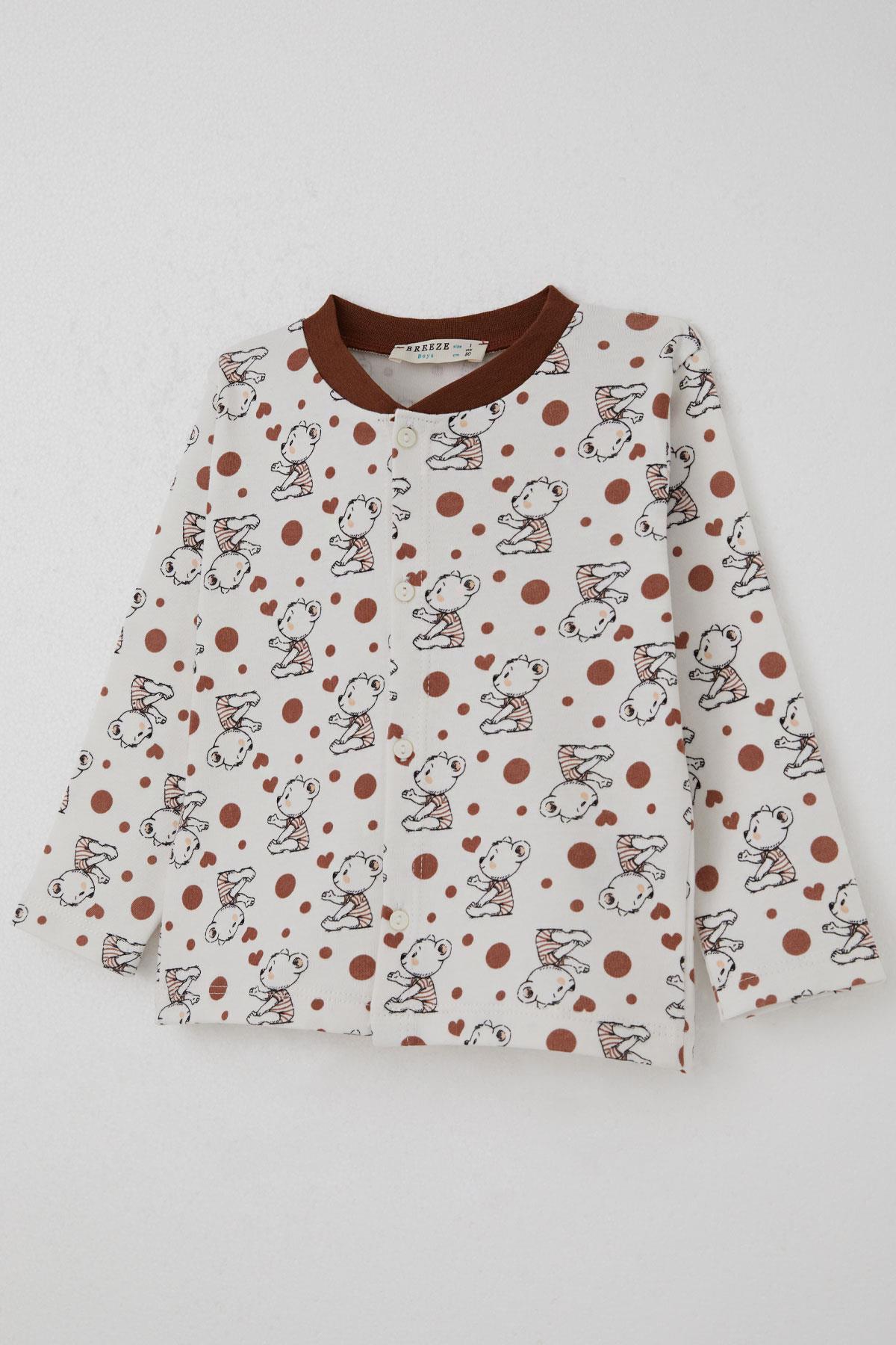 Breeze Erkek Bebek Pijama Takımı Bebek Sevimli Ayıcık Desenli Ekru (4 Ay-1 Yaş)